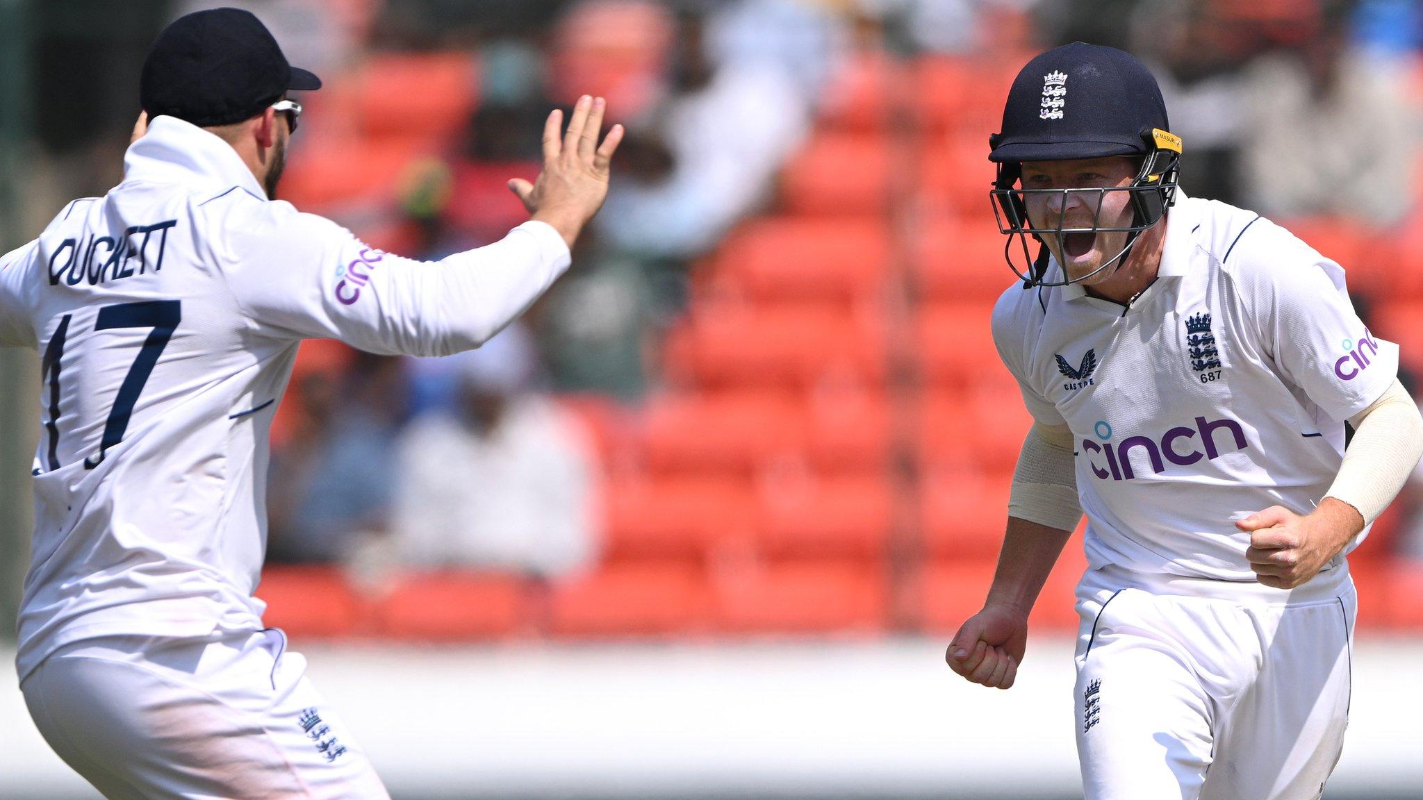 Ollie Pope celebrates a wicket in England's first-Test win over India