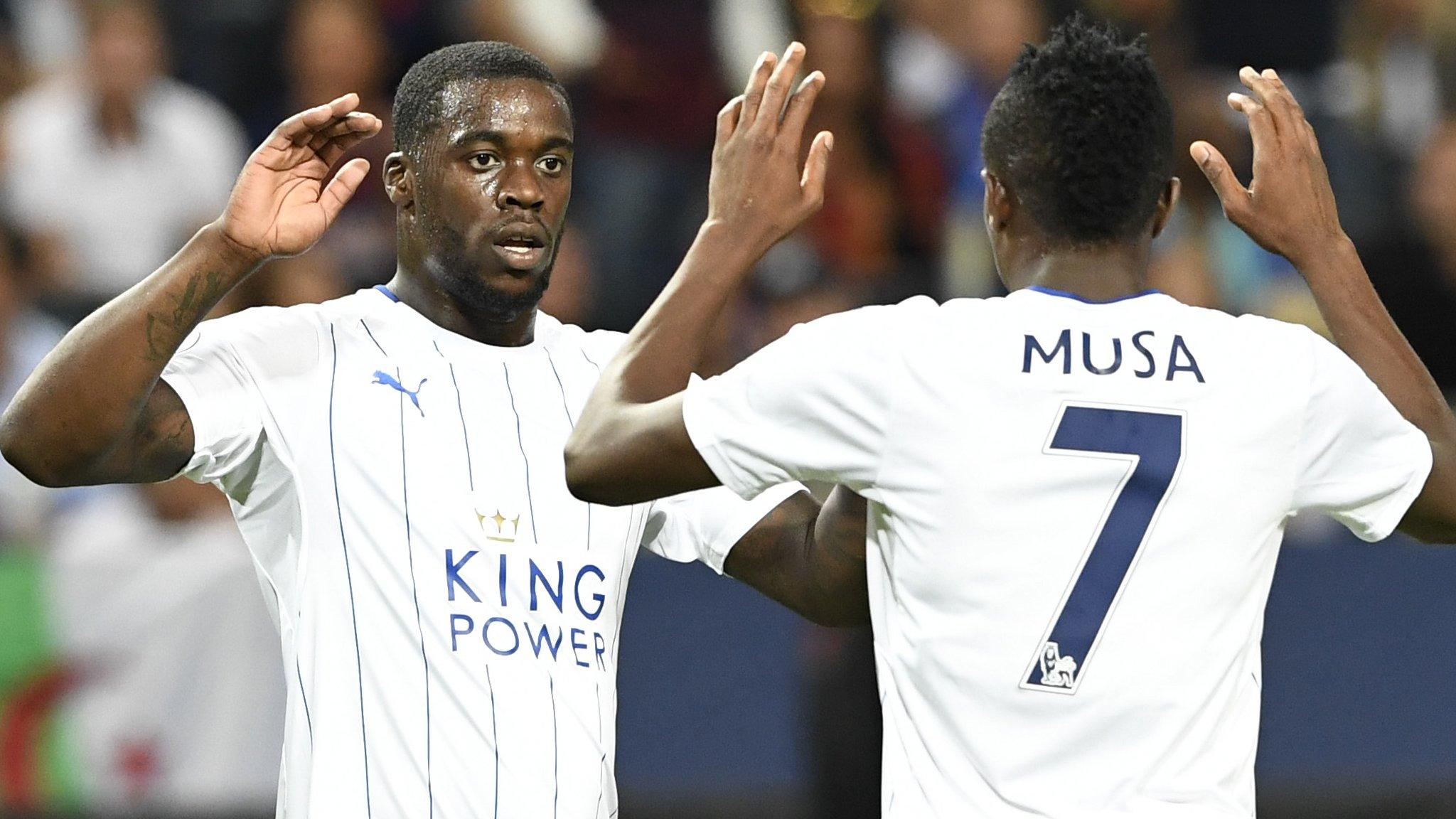 Leicester City celebrate after Ahmed Musa scores against Barcelona