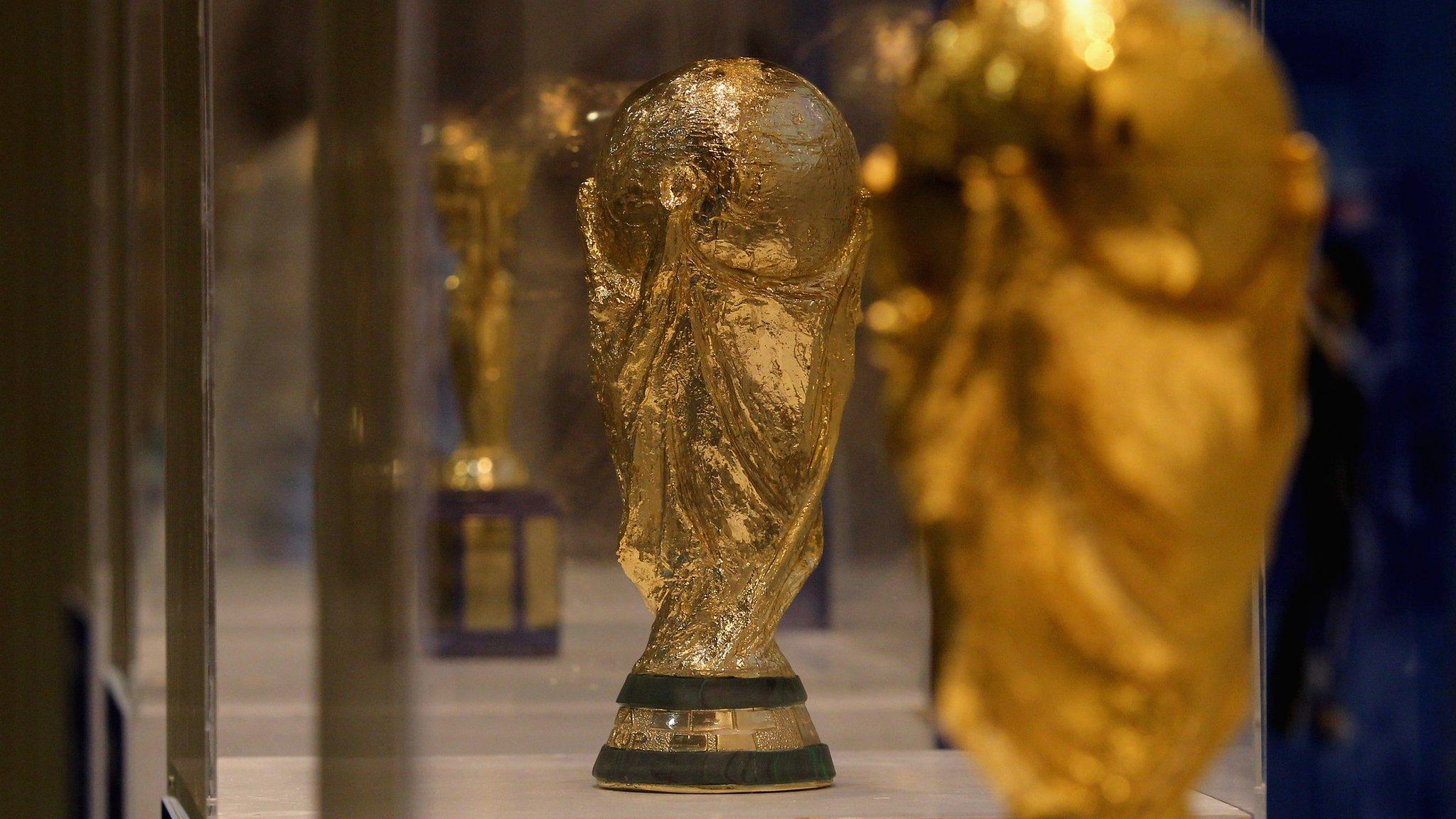 The FIFA World Cup Trophy is displayed during the Italian Football Federation trophies exhibition in Rome