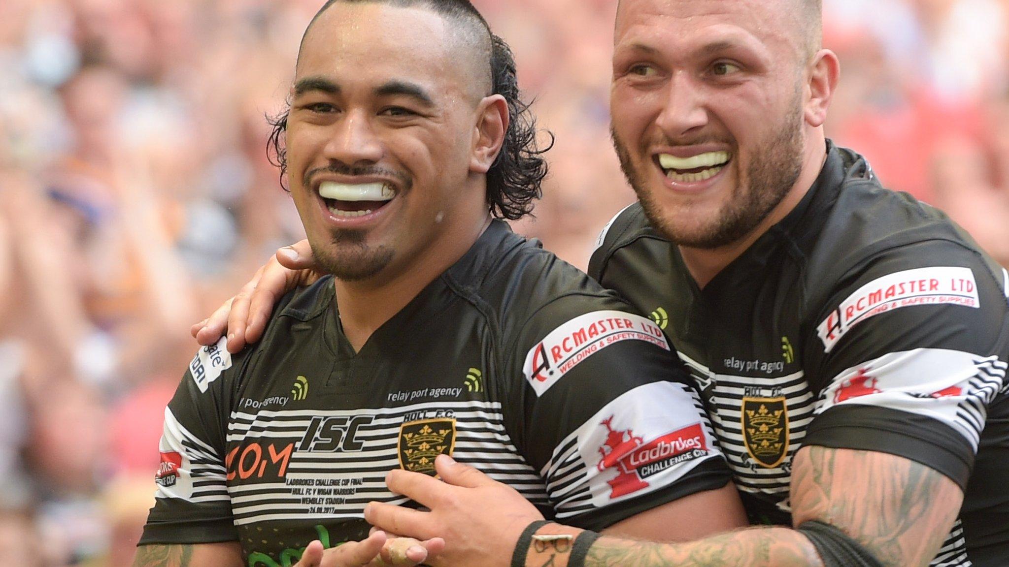 Mahe Fonua of Hull FC celebrates with Josh Griffin