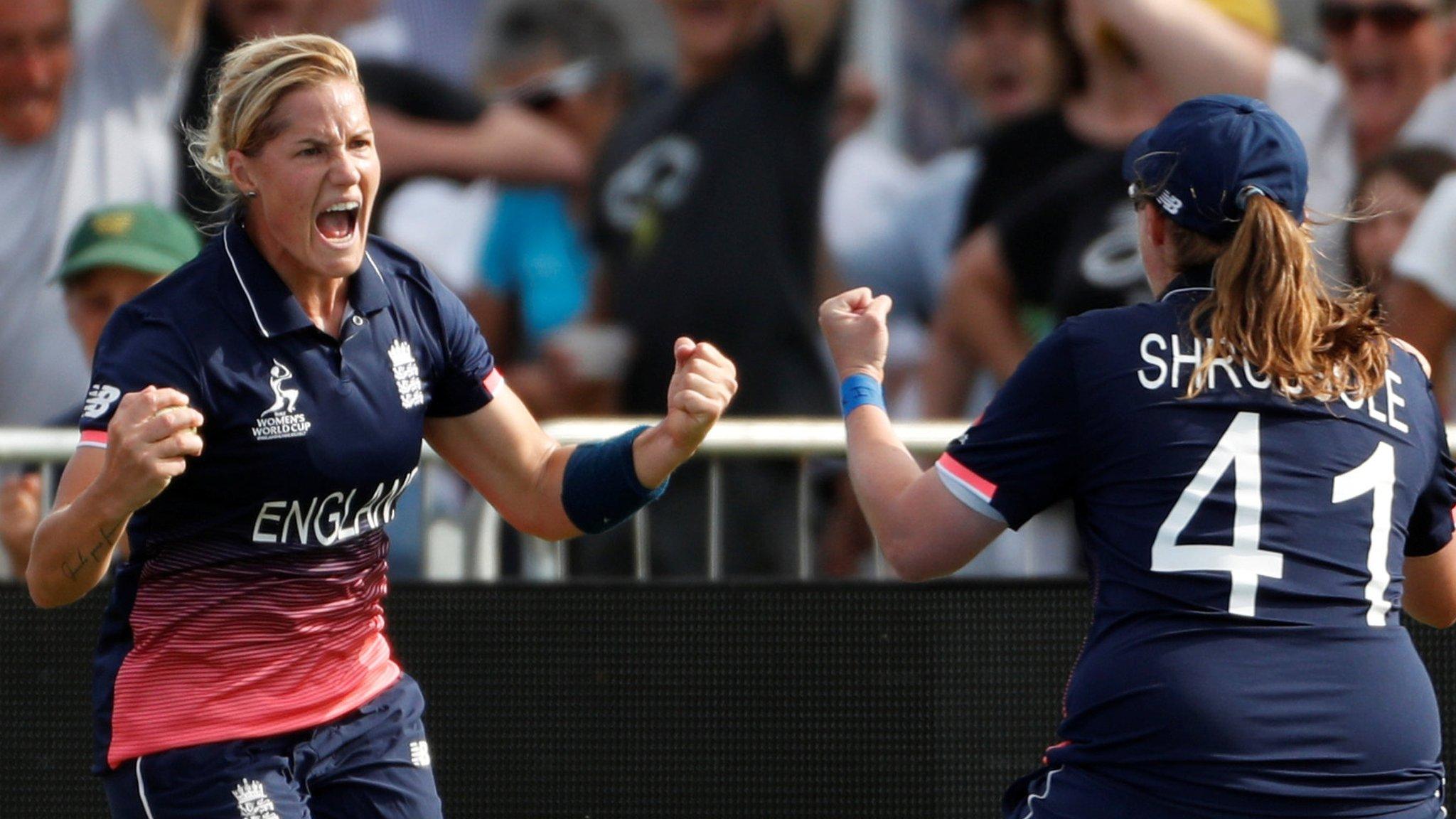 Katherine Brunt celebrates with Anya Shrubsole as England beat Australia