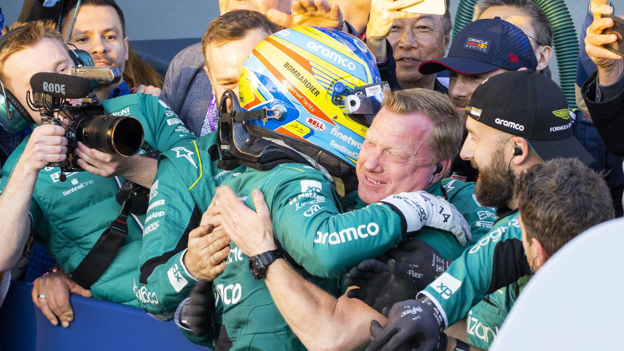 Fernando Alonso celebrates with his team at the Australian Grand Prix