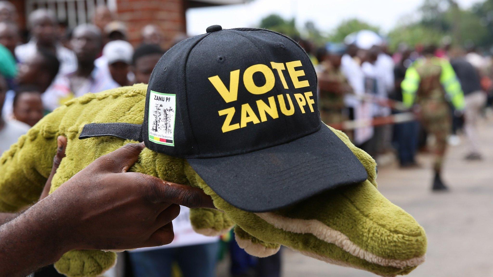 A Zimbabwean holds a stuffed toy crocodile as await the return of Zimbabwe's presumptive new leader and former vice-president Emmerson Mnangagwa at the Manyame Air Force base in Harare, Zimbabwe, 22 November 2017