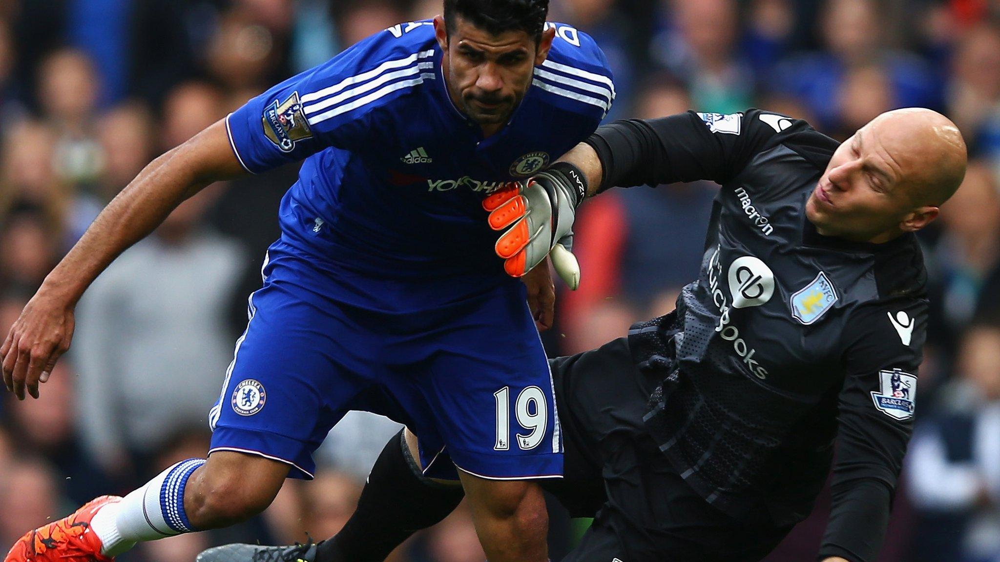Diego Costa of Chelsea and Aston Villa's Brad Guzan