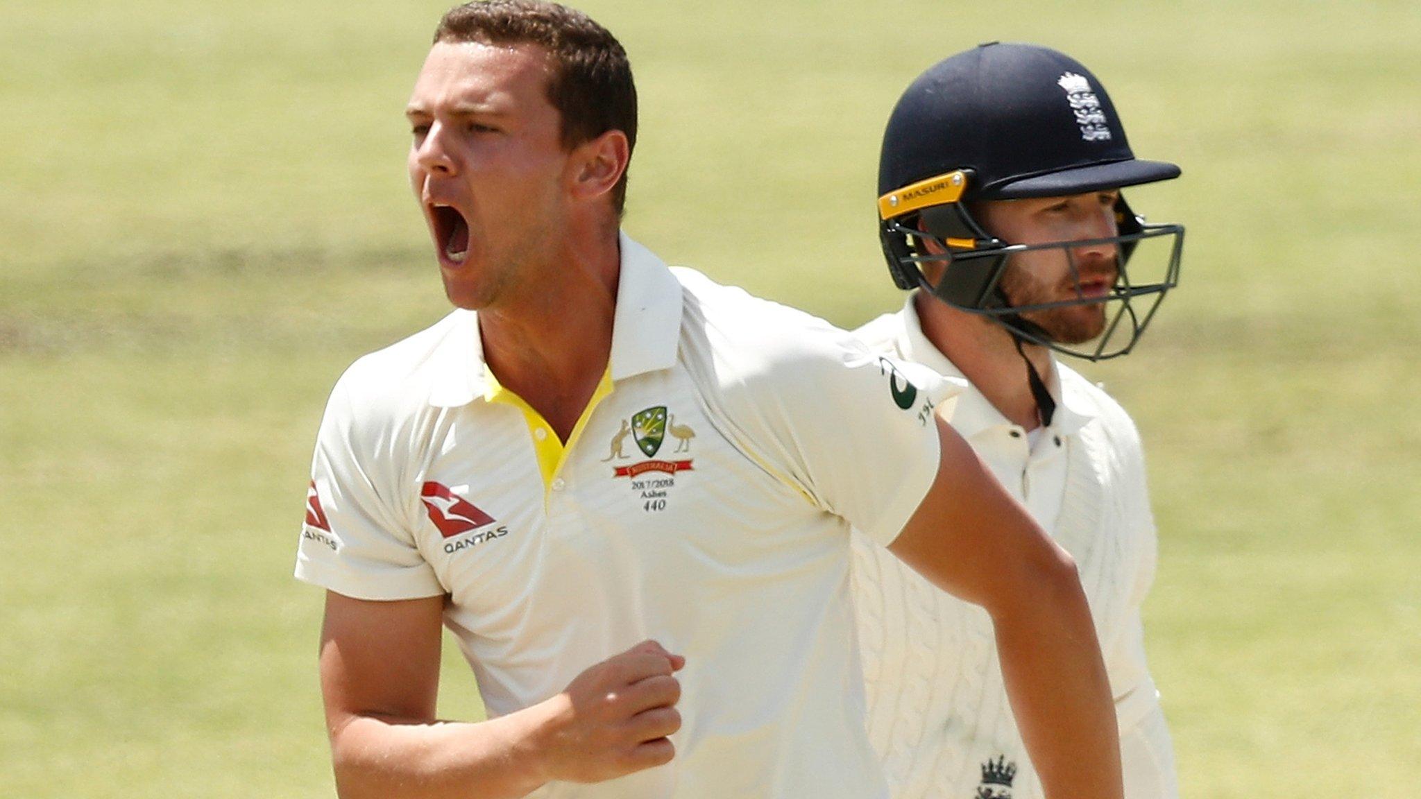 Josh Hazlewood celebrates the wicket of Mark Stoneman