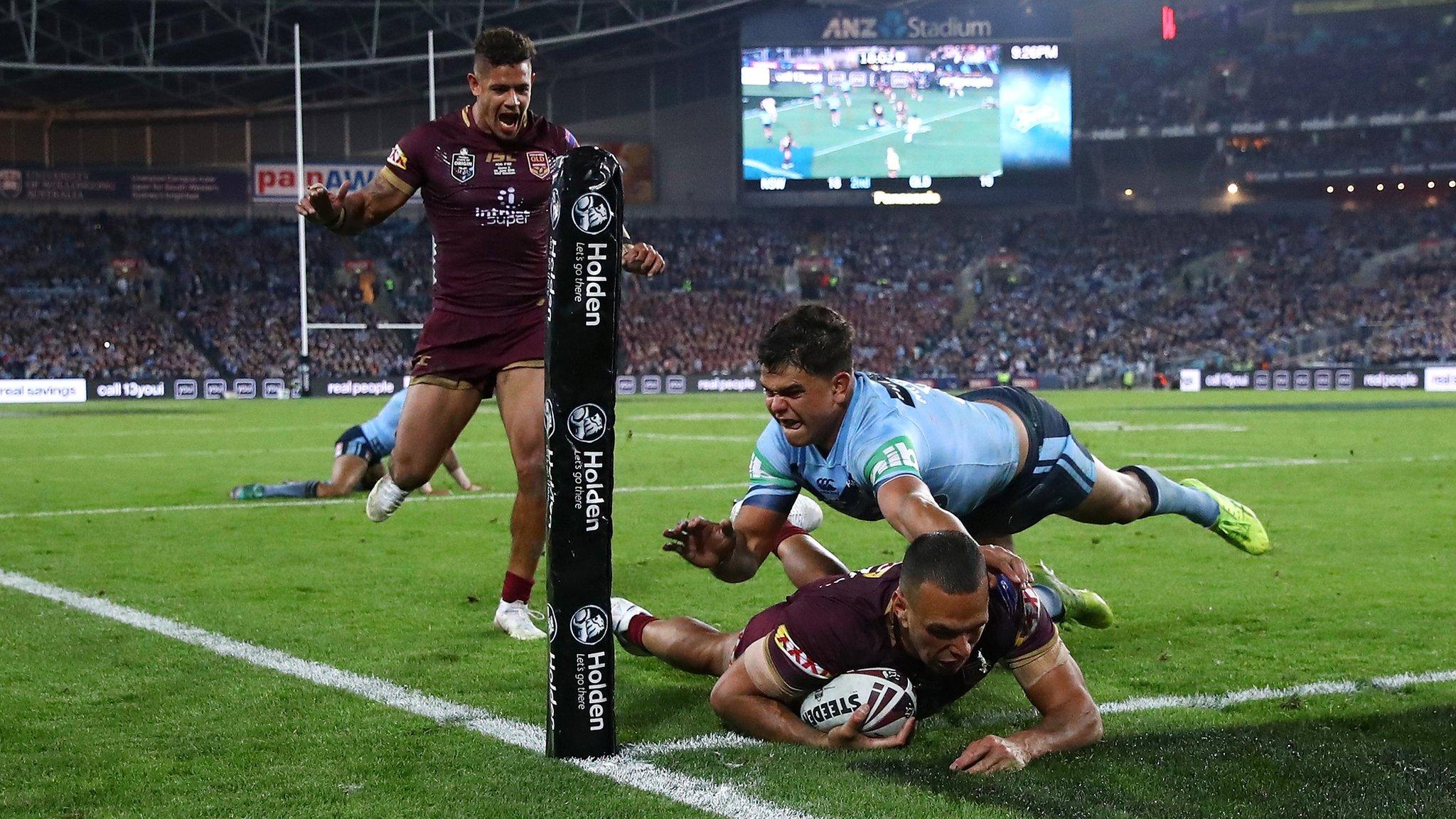 SYDNEY, AUSTRALIA - JUNE 24: Will Chambers of Queensland scores a try during game two of the State of Origin series between the New South Wales Blues and the Queensland Maroons at ANZ Stadium on June 24, 2018 in Sydney, Australia. (Photo by Cameron Spencer/Getty Images)