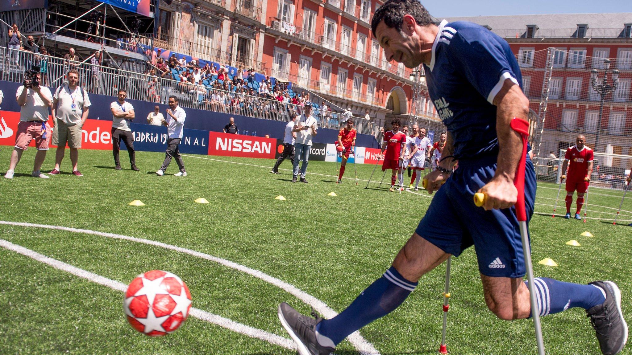 Madrid, Spain - 31 May: Uefa Champions League Legend Luis Figo practices amputee football at Champions Festival at Plaza Mayor. (Photo by Alex Caparros - UEFA/UEFA via Getty Images)