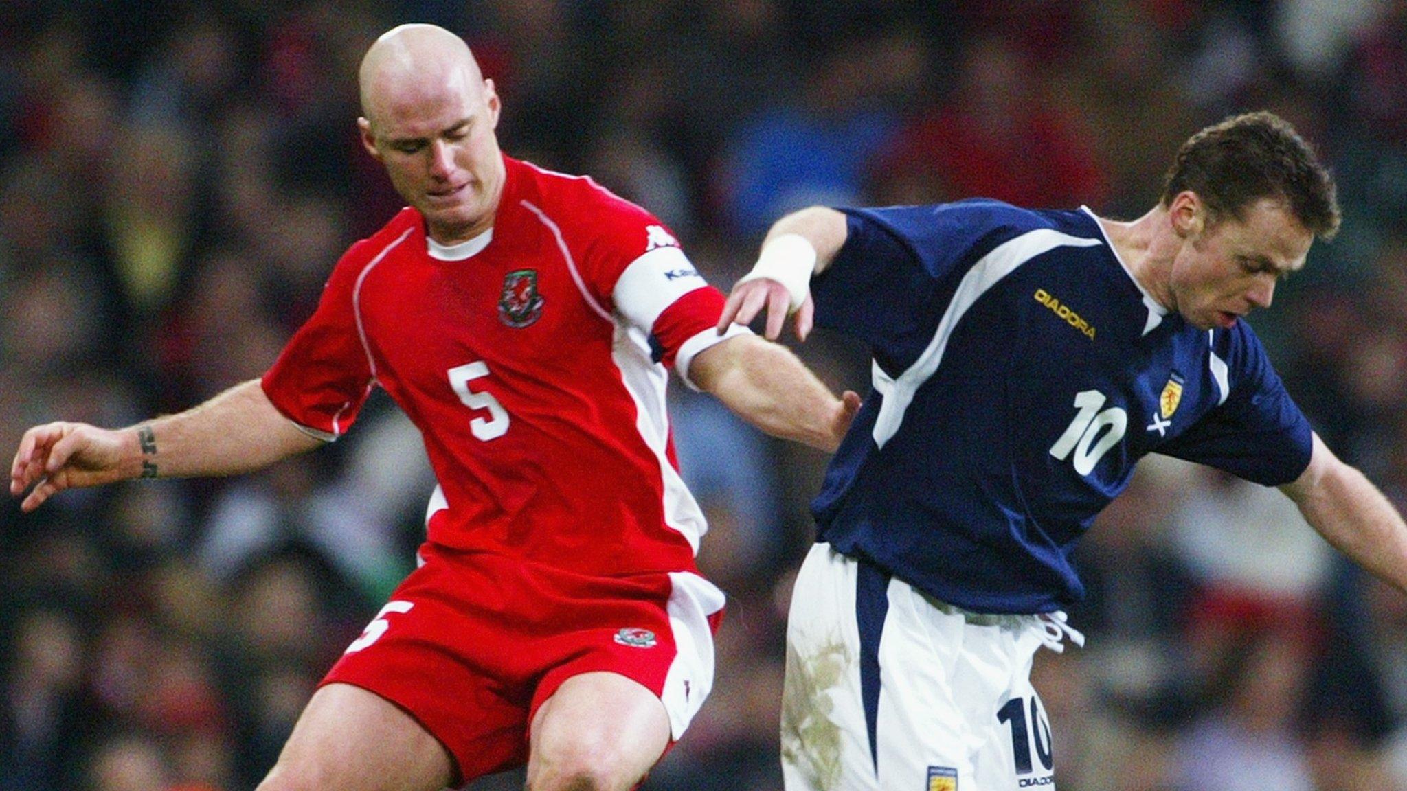 Robert Page and Paul Dickov, Wales v Scotland match action