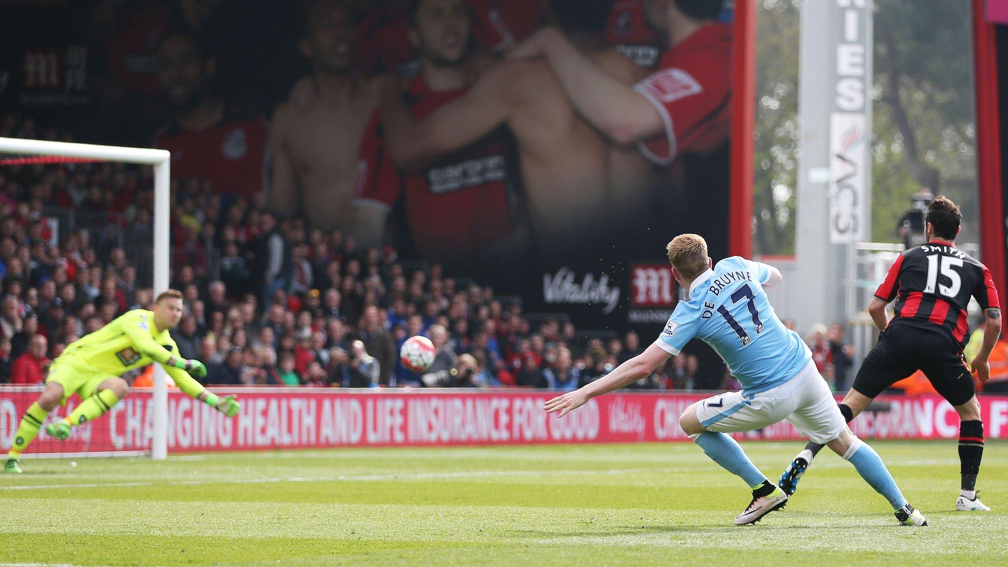 De Bruyne sees his second-half volley saved