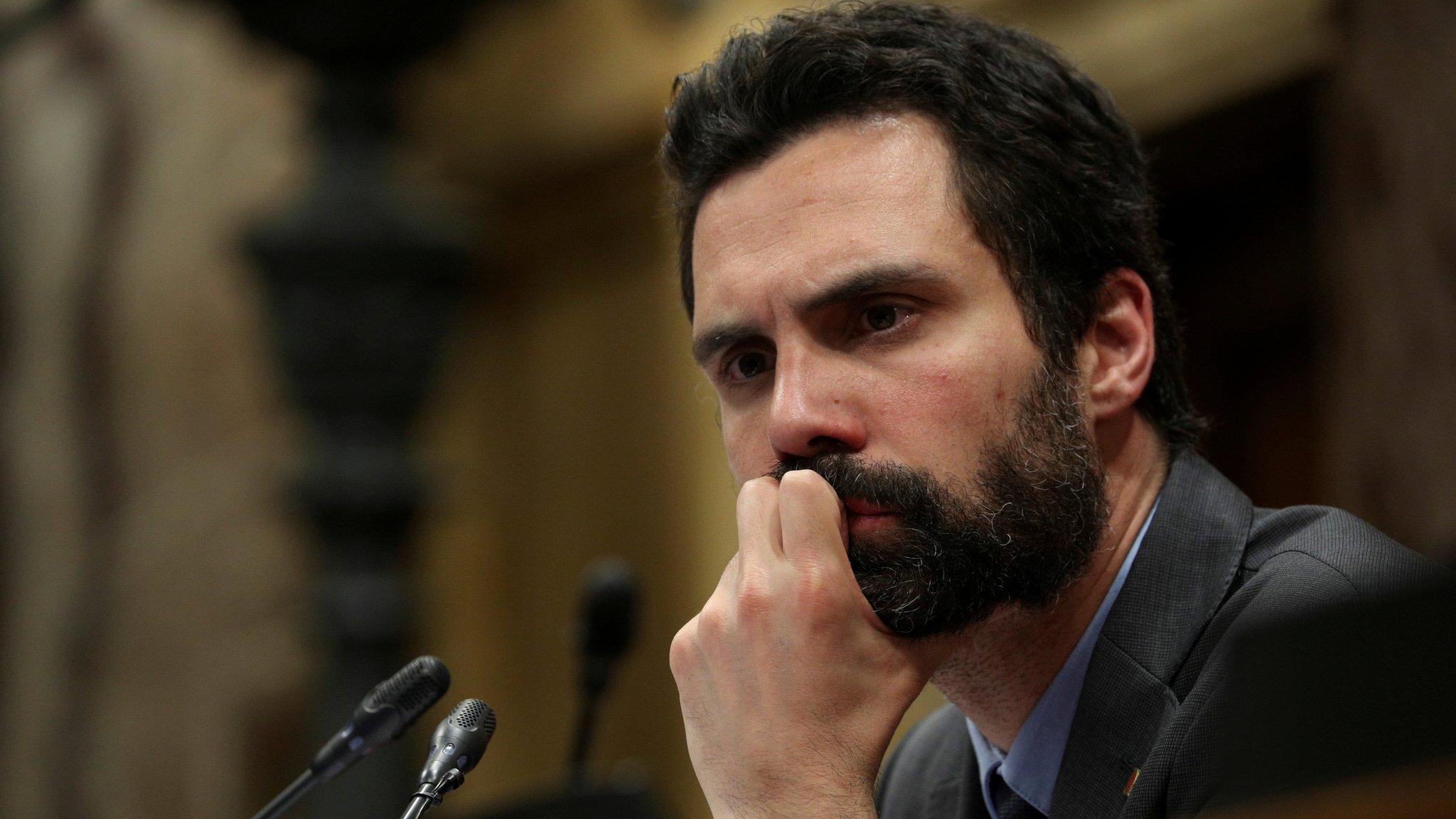 Catalan parliament speaker Roger Torrent looks on during a debate in the regional parliament in Barcelona, Spain, 4 May, 2018