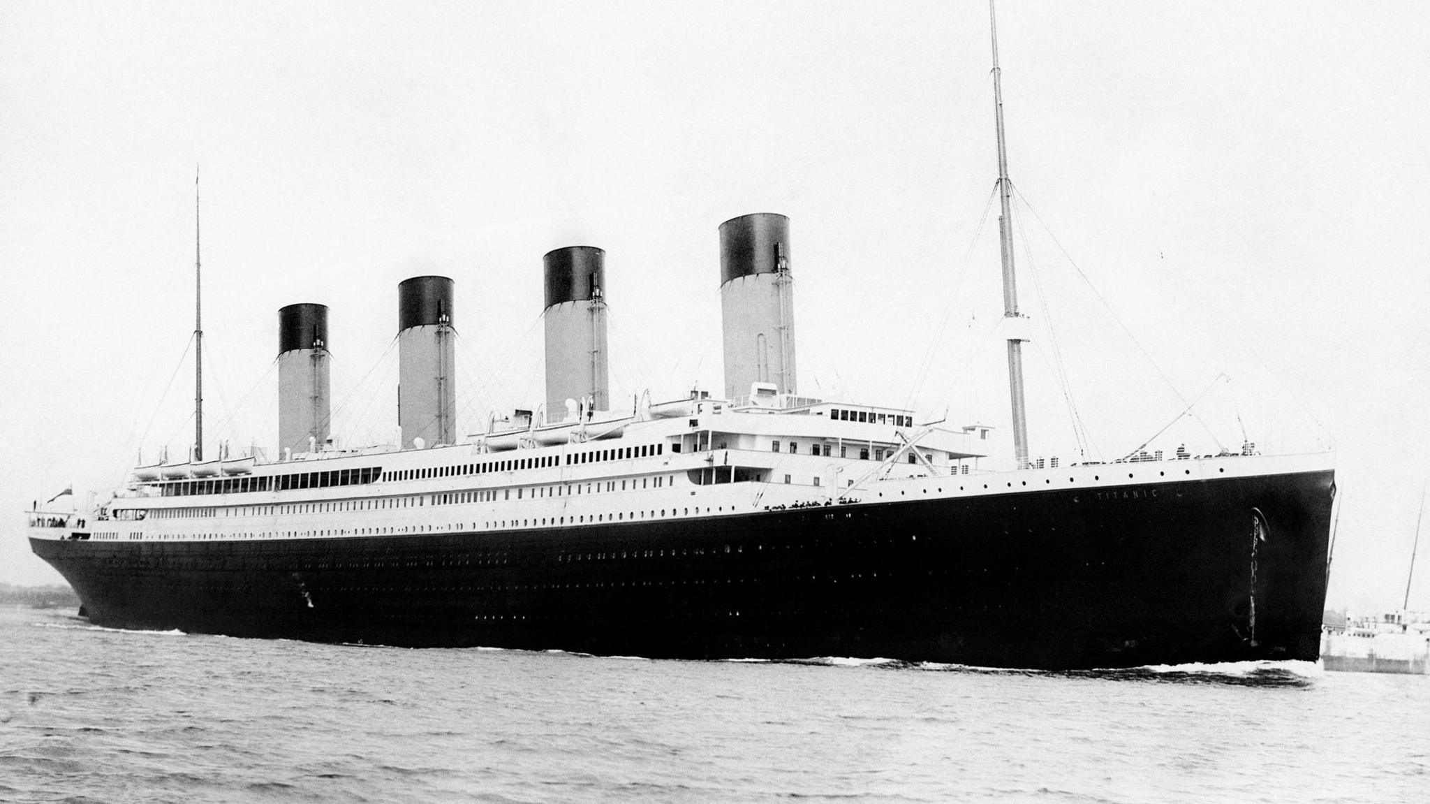 Digitally restored vintage maritime history photo of the RMS Titantic departing Southampton on April 10, 1912