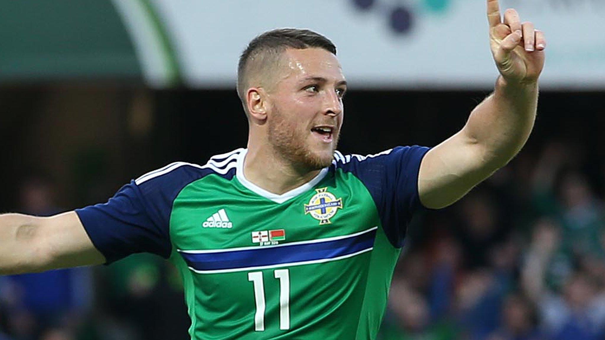 Conor Washington celebrates his goal against Belarus