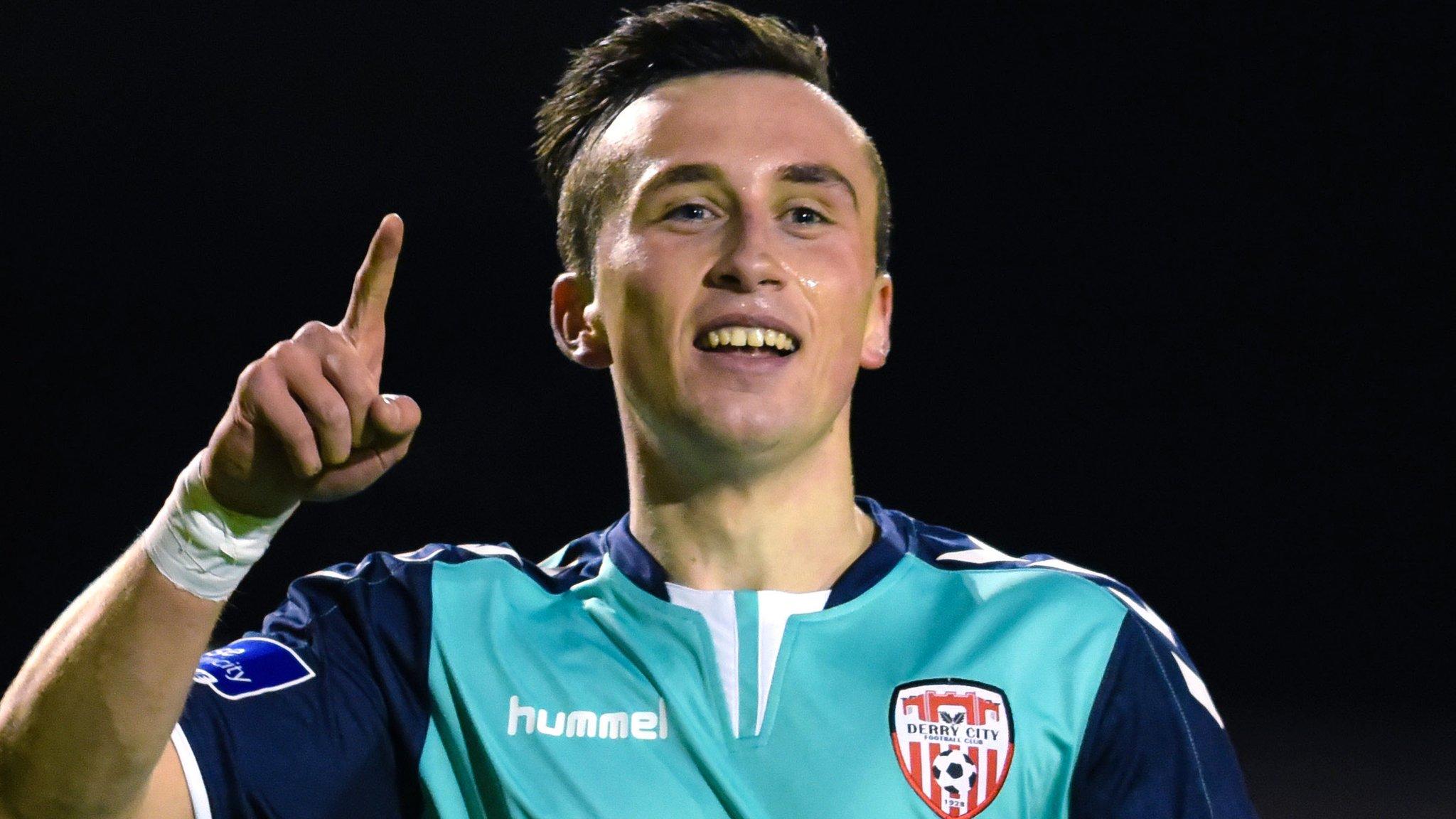 Aaron McEneff celebrates scoring Derry's first goal against Bohemians