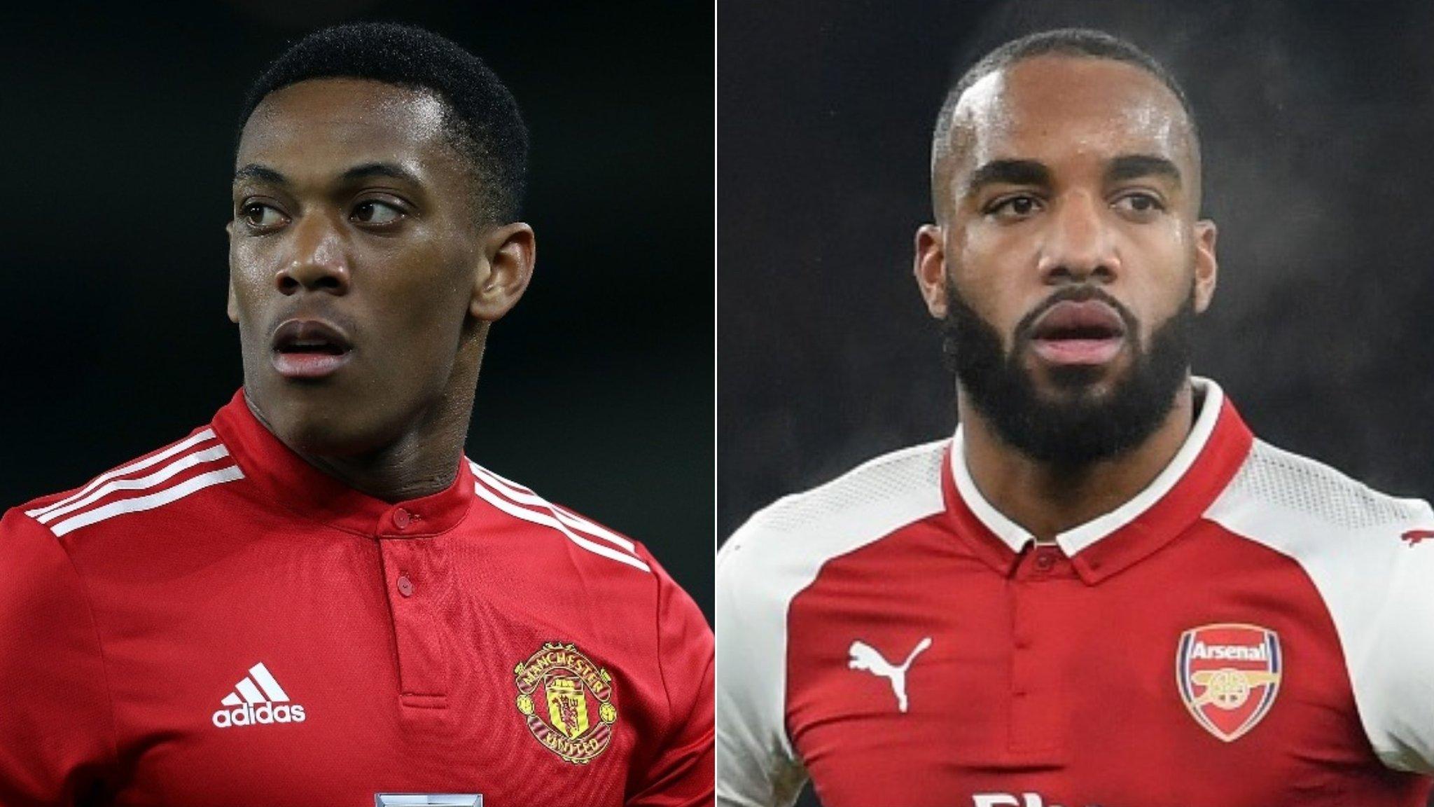 A split image of Manchester United forward Anthony Martial and Alexandre Lacazette