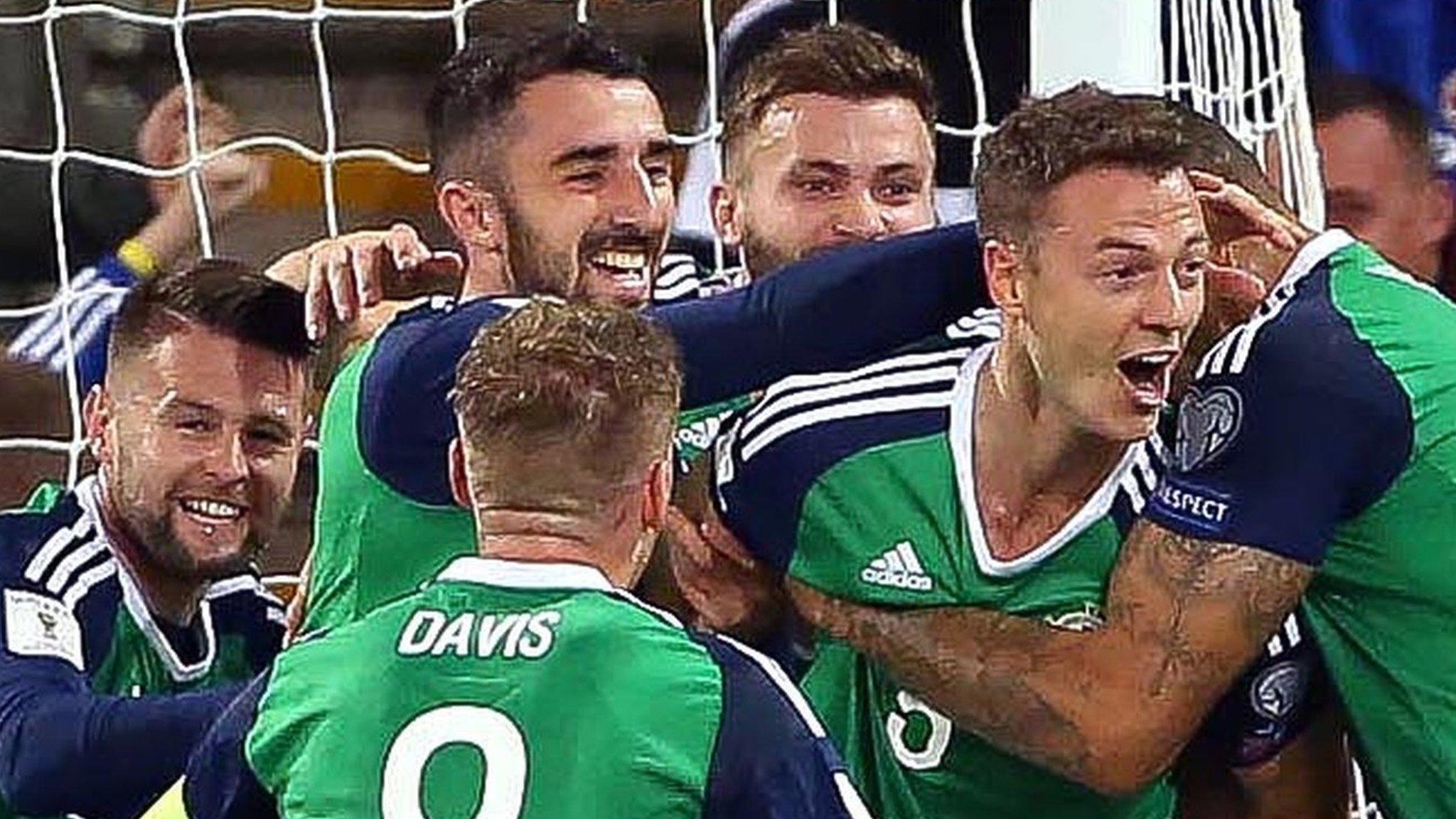 Jonny Evans is congratulated after scoring for Northern Ireland in the last World Cup qualifying campaign