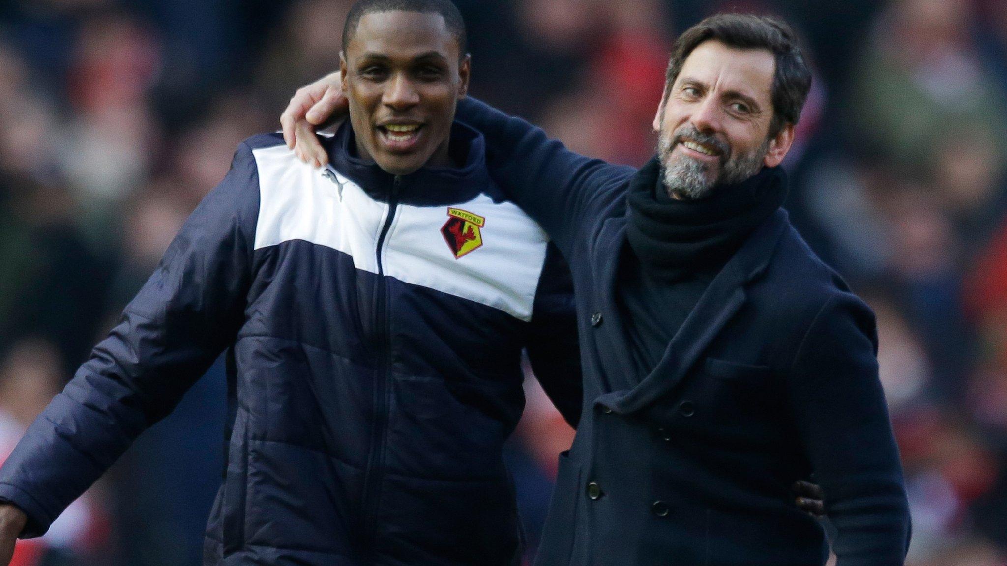 Quique Sanchez Flores celebrates with Odion Ighalo