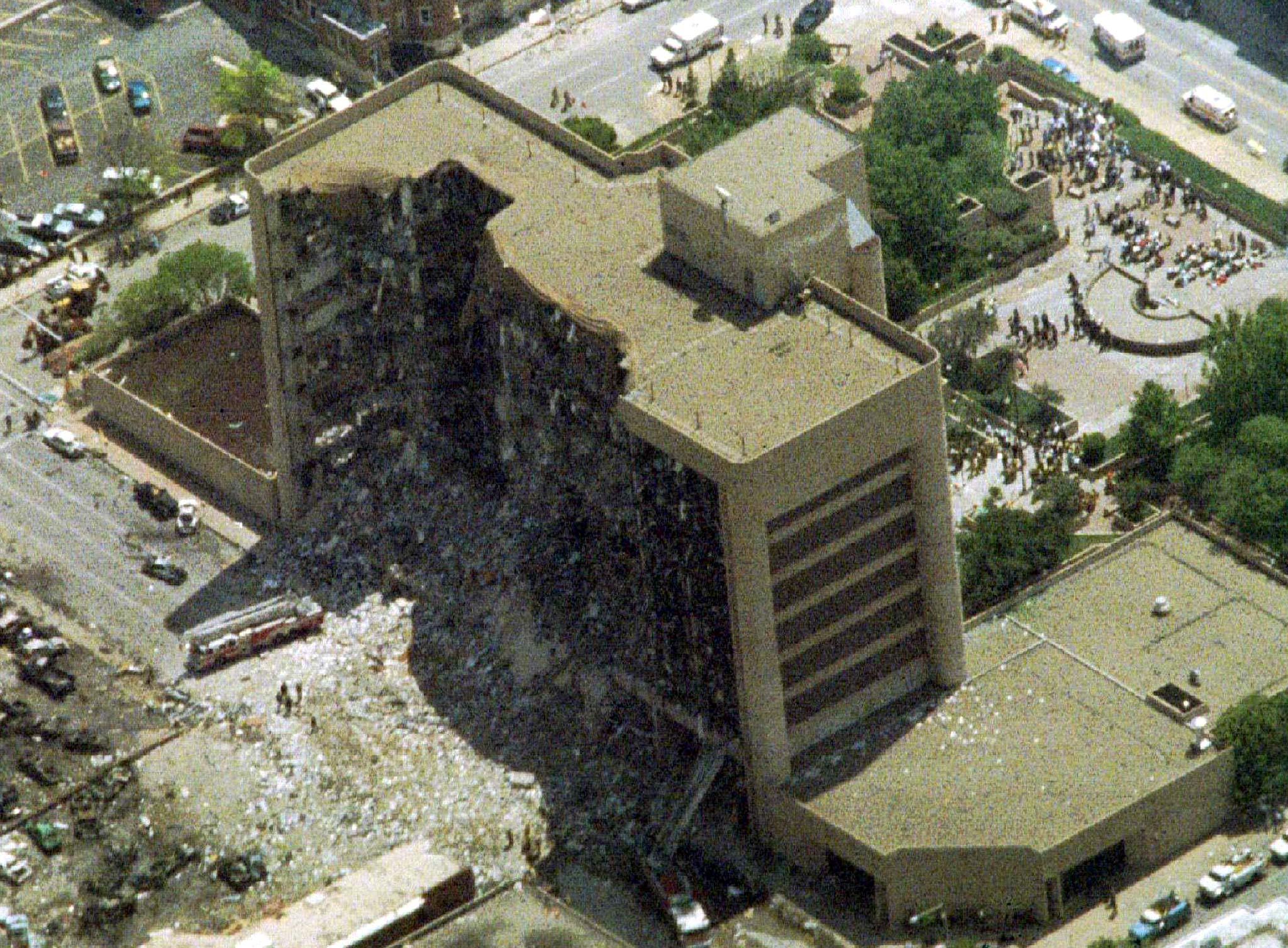 Aerial shot shows giant gouge out of side of Murrah federal building