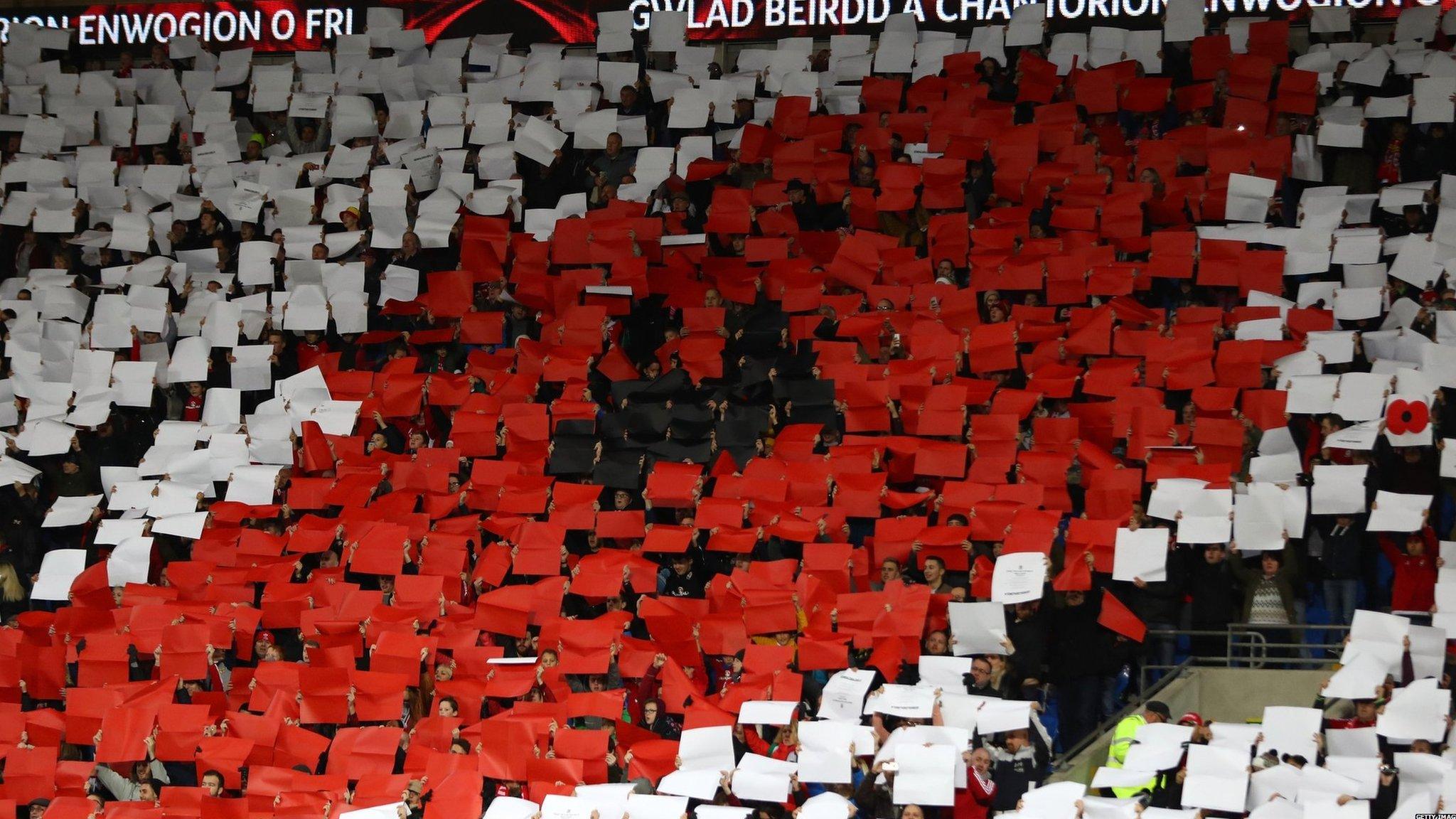 Wales fans' poppy display at Wales v Serbia in Cardiff on 12 November