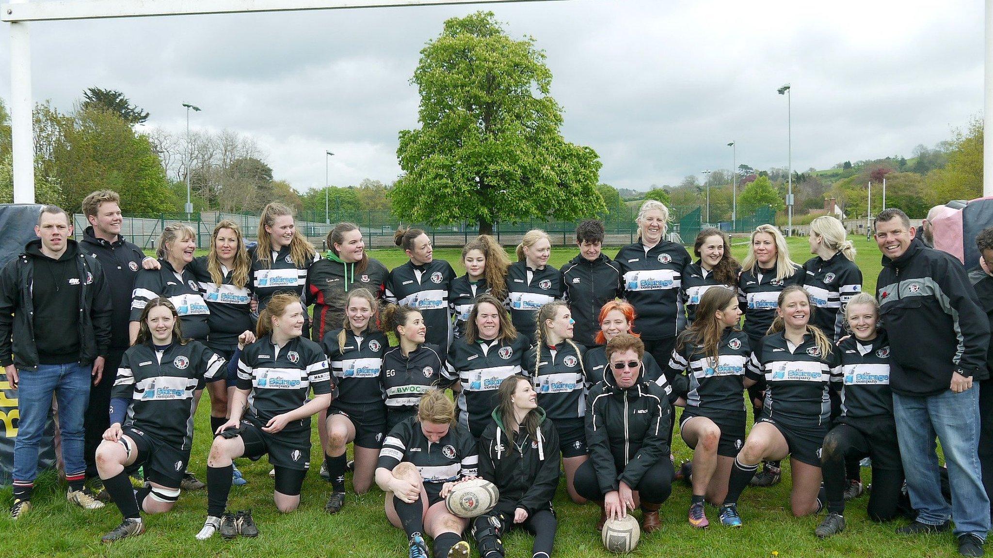 Denise Shannon (in tinted glasses) and Gareth Waterfield (far right) with the Winscombe Rugby Club Women's team