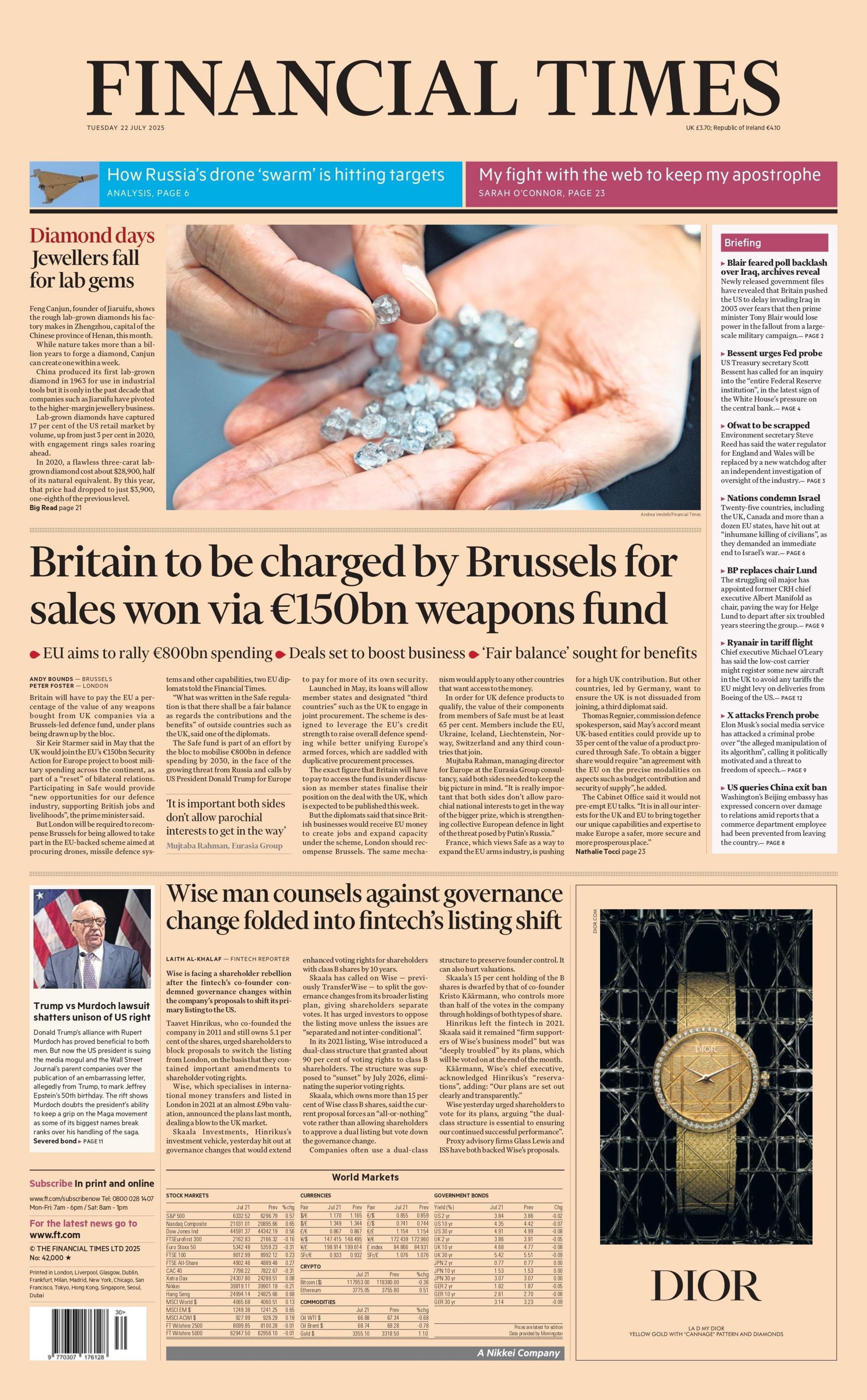 The headline on the front page of the Financial Times reads: "Britain to be charged by Brussels for sales won via €150bn weapons fund".