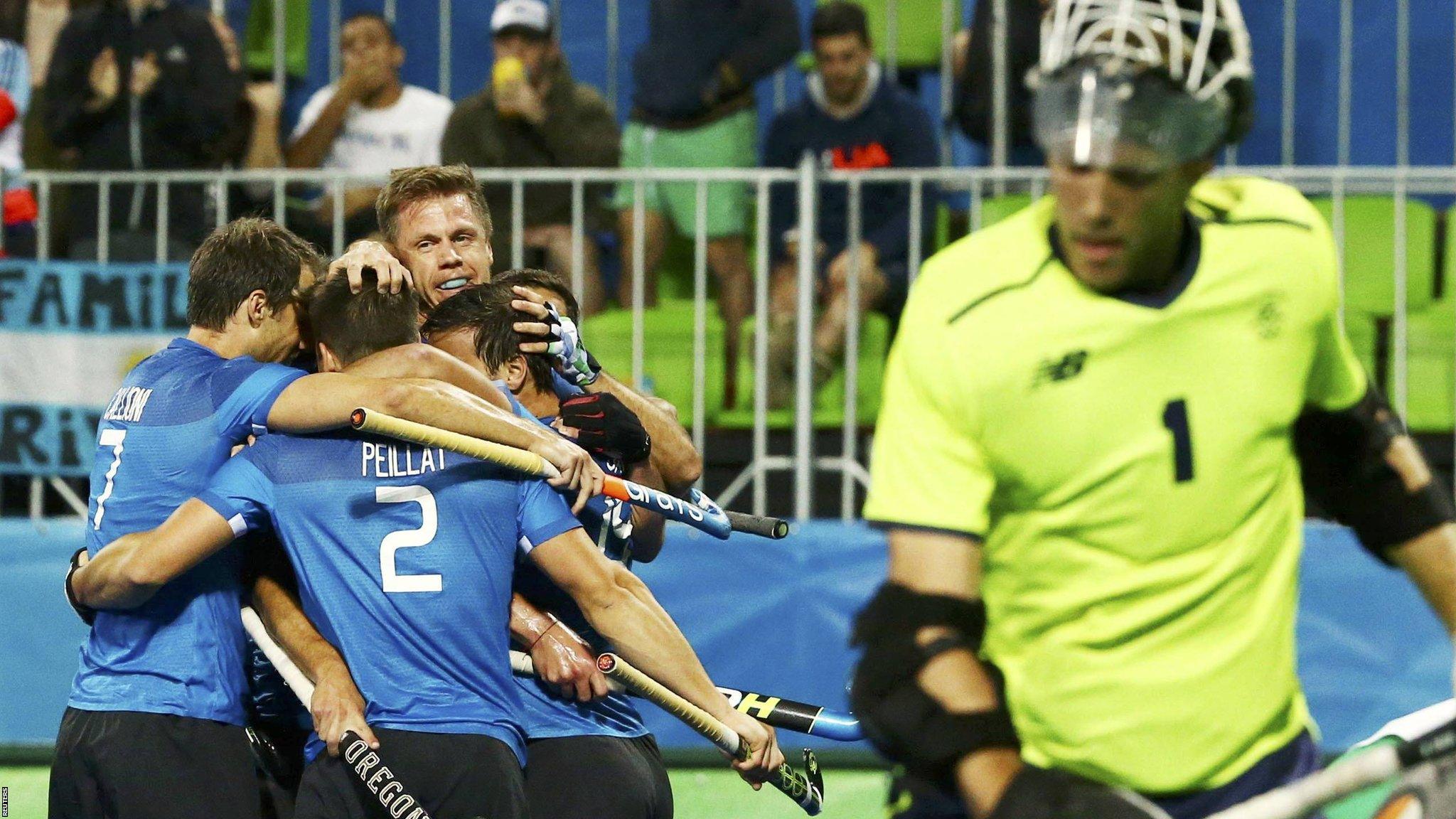 Argentina celebrate scoring against Ireland in Rio