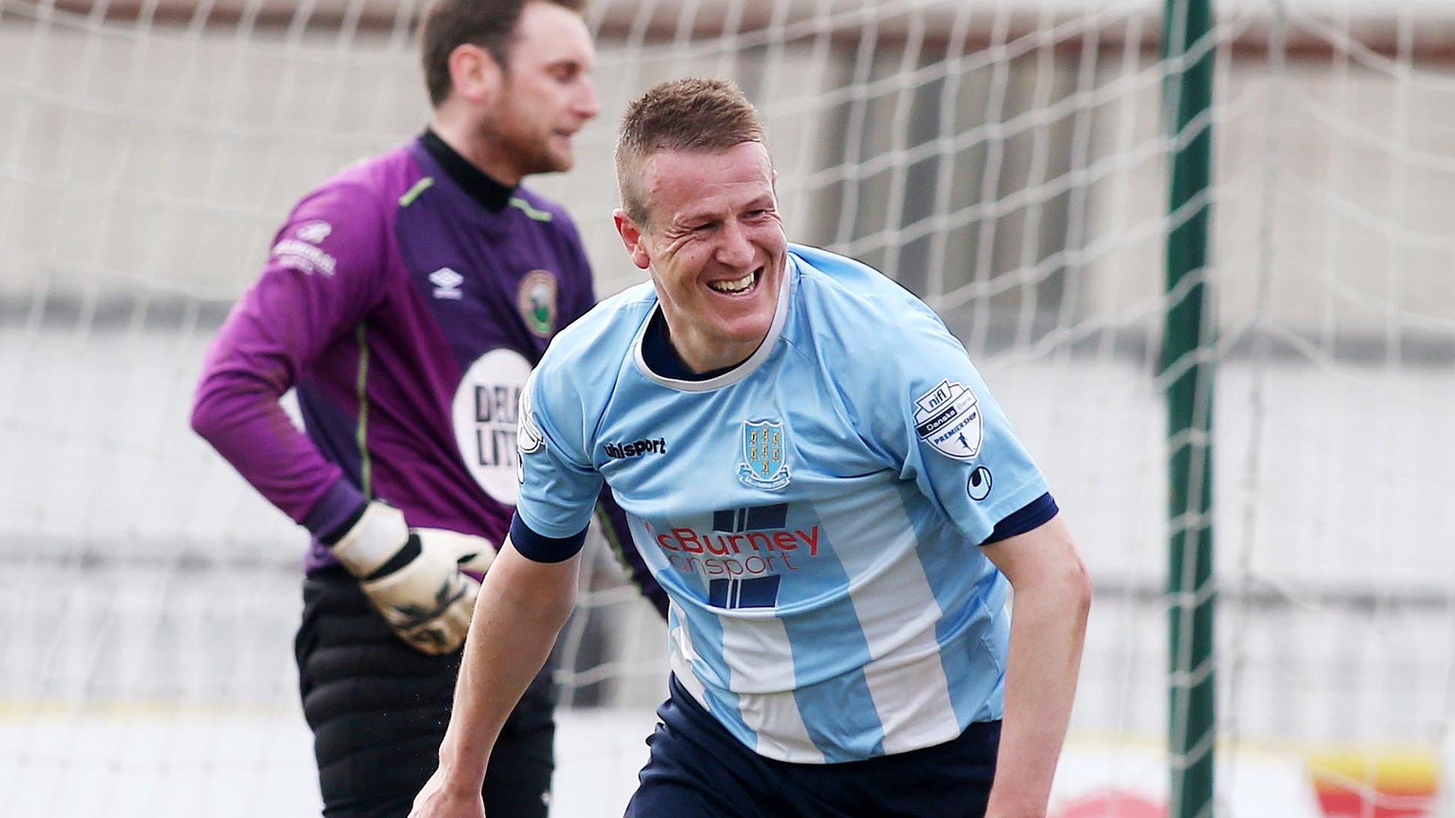 Allan Jenkins celebrates scoring the Ballymena equaliser against Warrenpoint