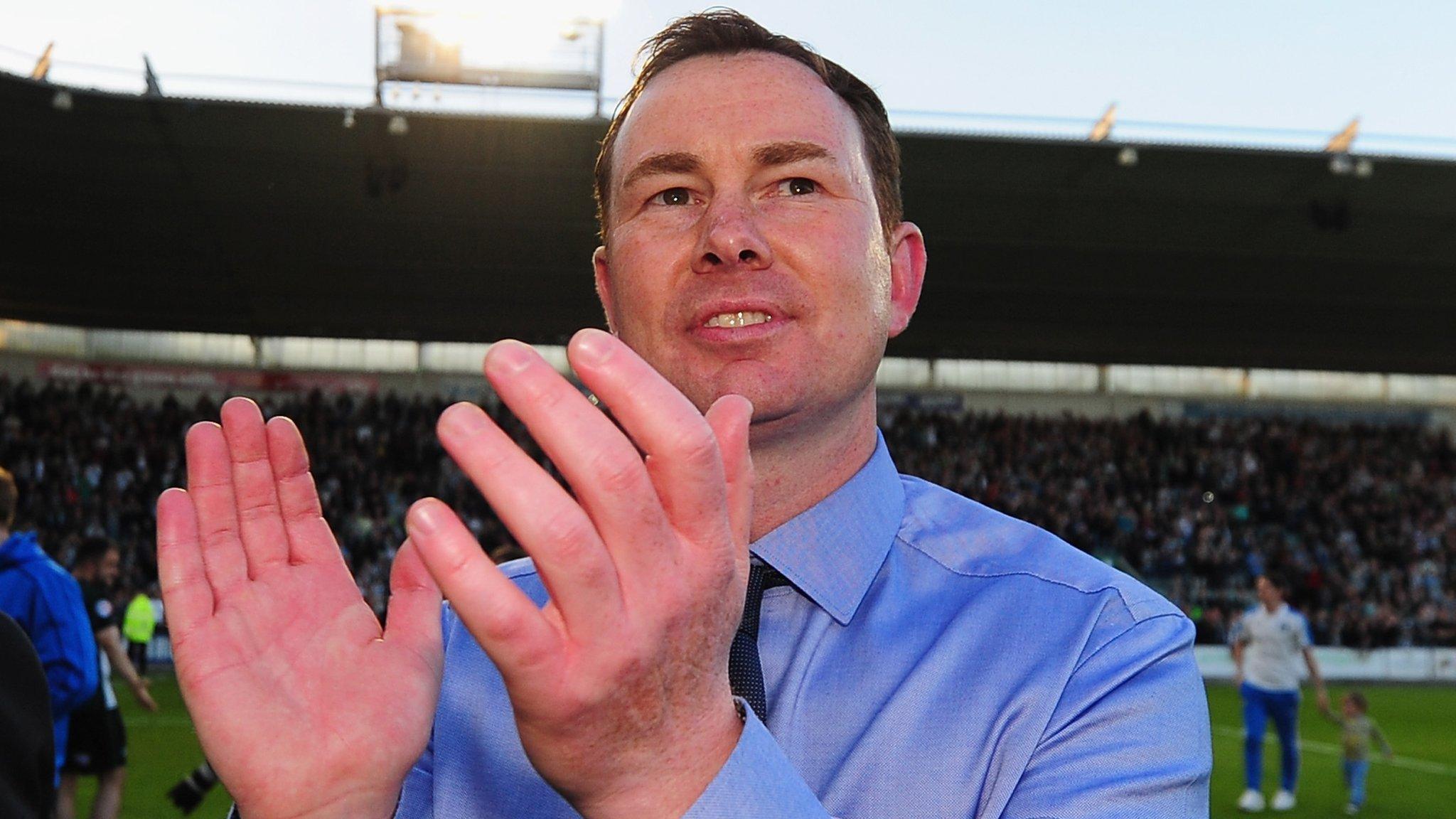 Derek Adams celebrates at Home Park