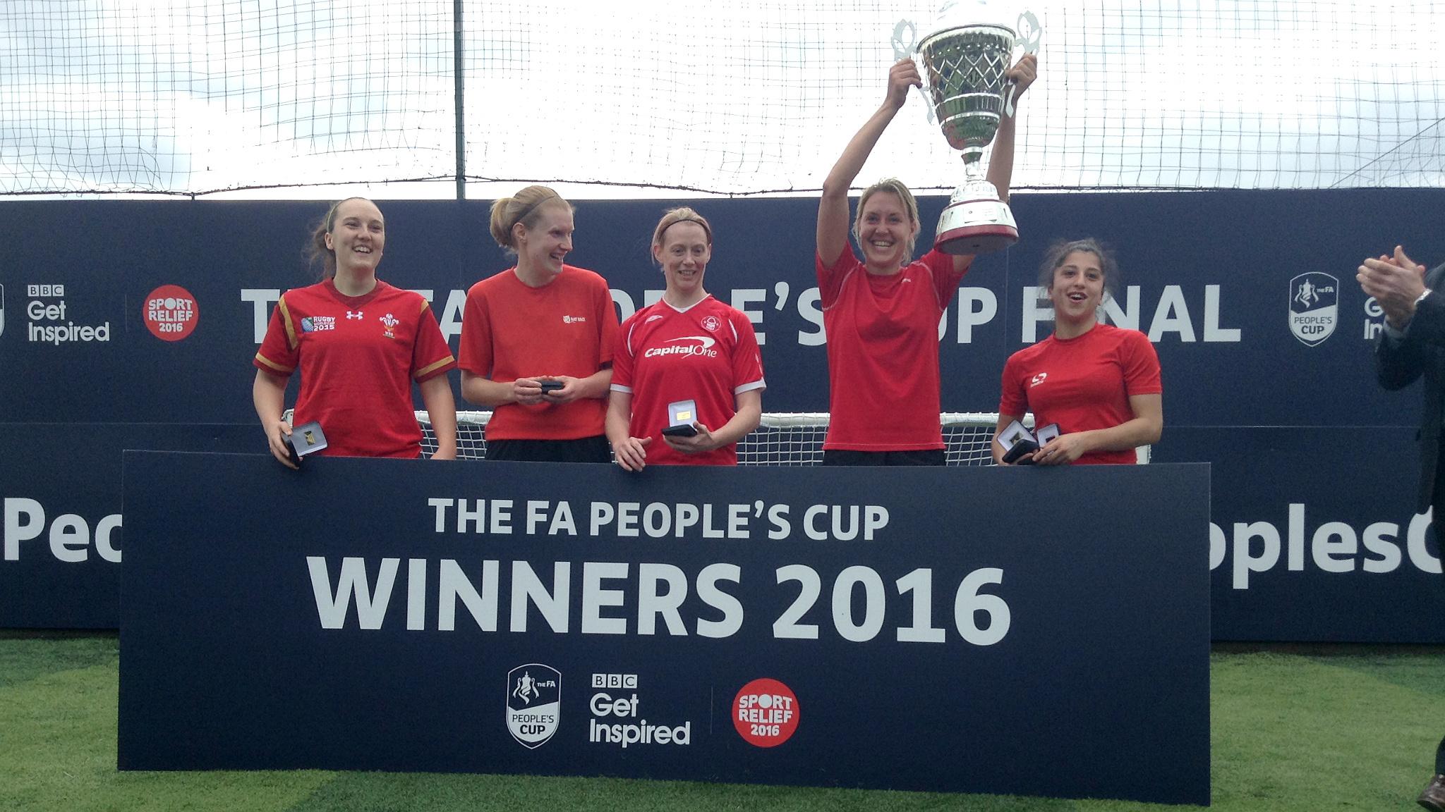 A-Town ladies celebrate winning the Adult Women's category of the FA People's Cup