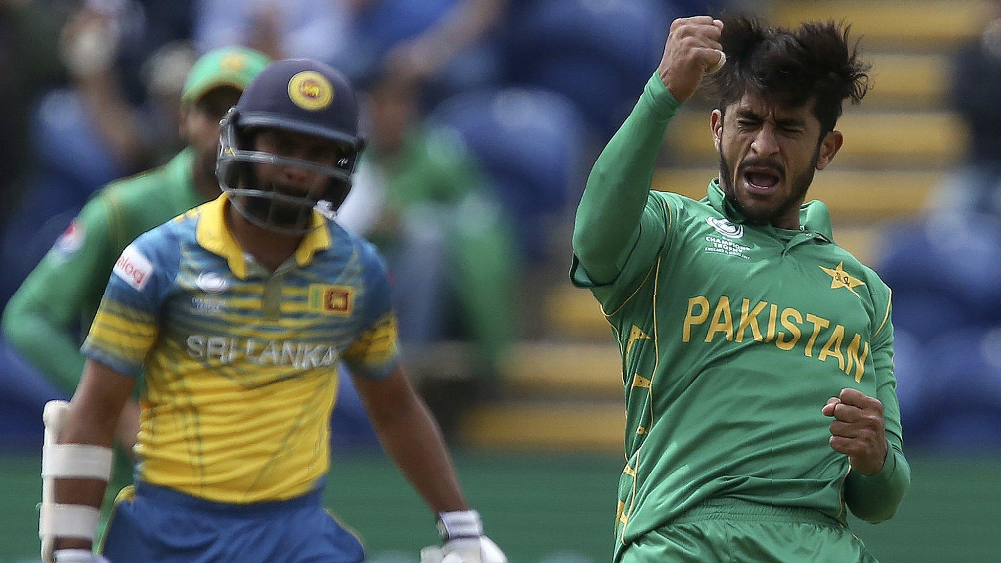 Pakistan's Hasan Ali celebrates the wicket of Sri Lanka's Kusal Mendis