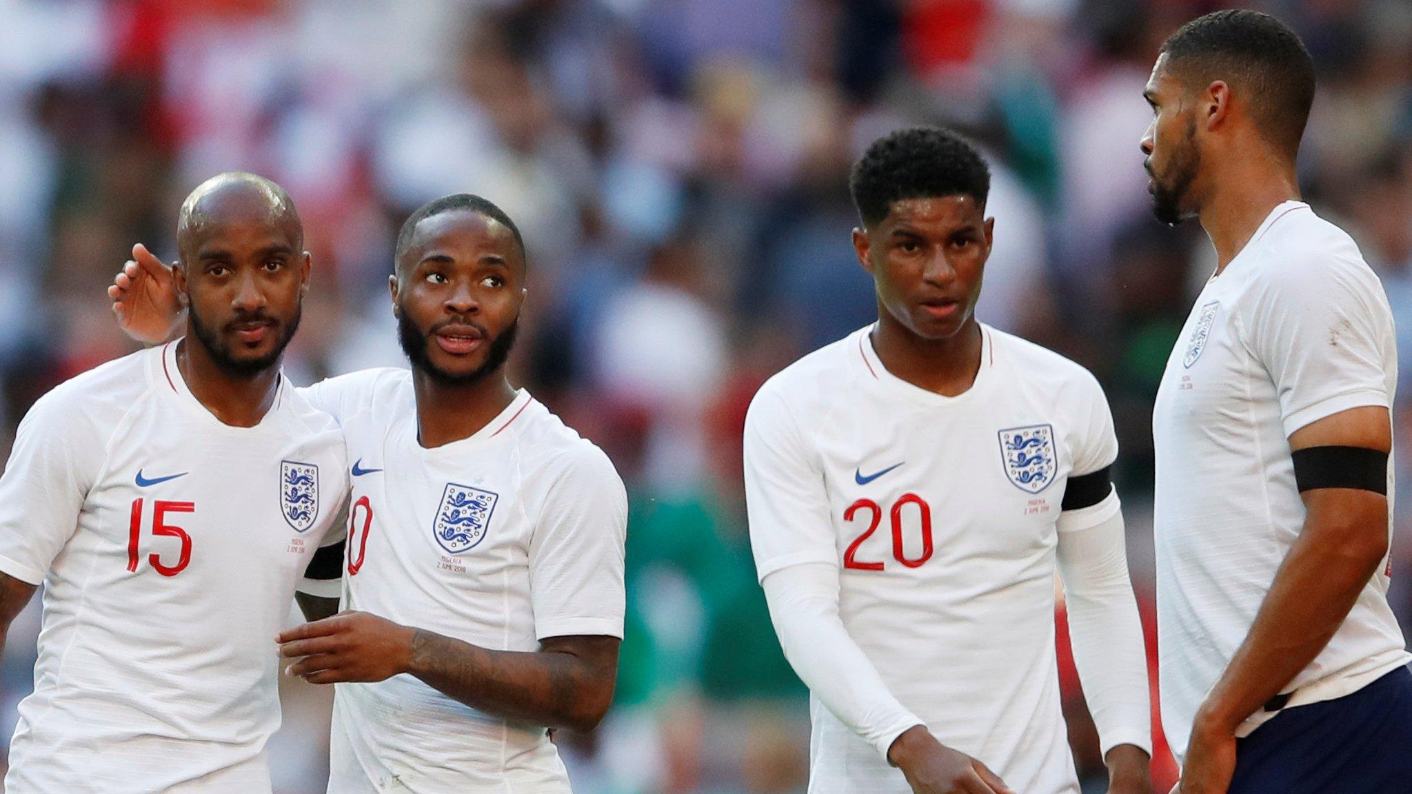 England players in a huddle in the game against Nigeria before the World Cup