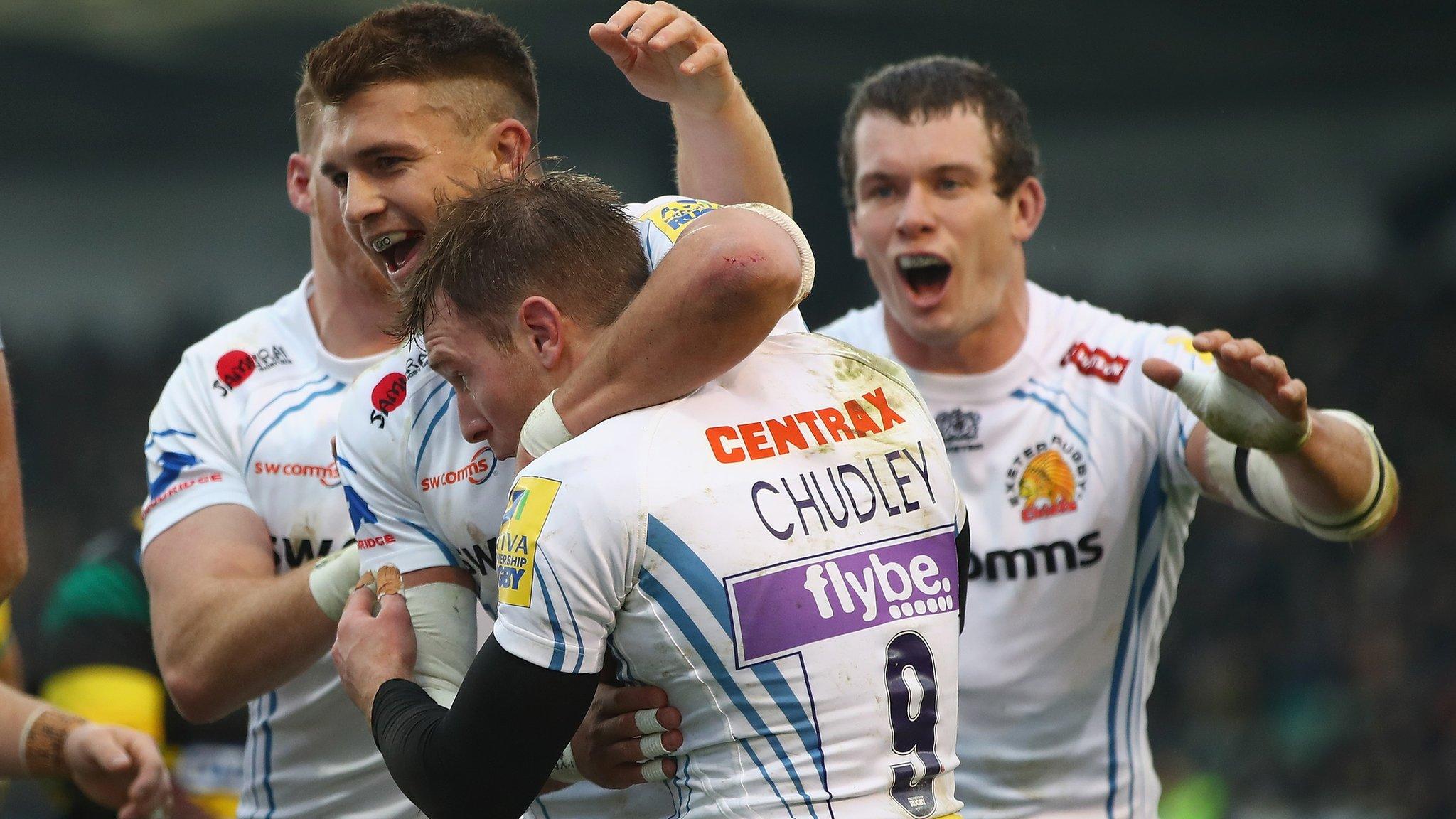 Exeter celebrate Will Chudley's try