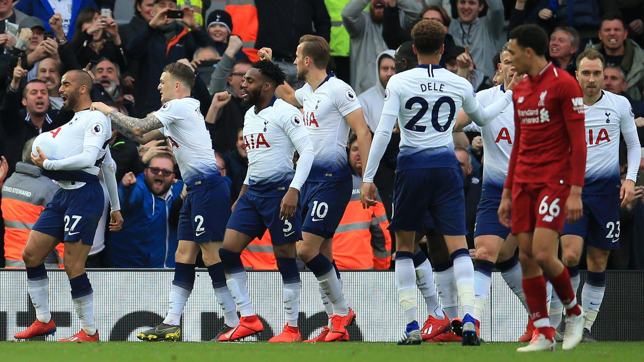 Tottenham players celebrate scoring against Liverpool