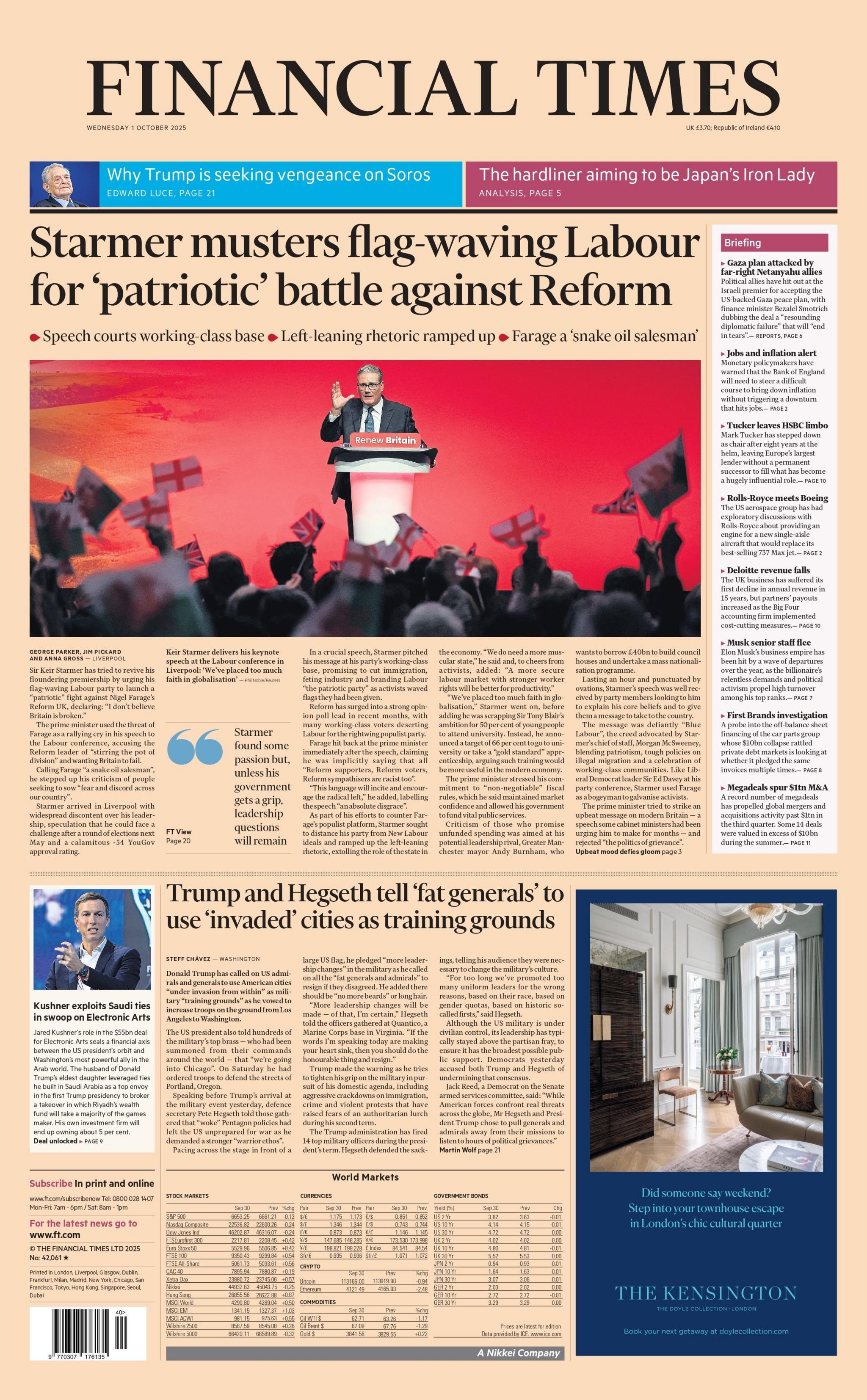 The headline on the front page of the Financial Times reads: "Starmer musters flag-waving Labour for patriotic battle against Reform".