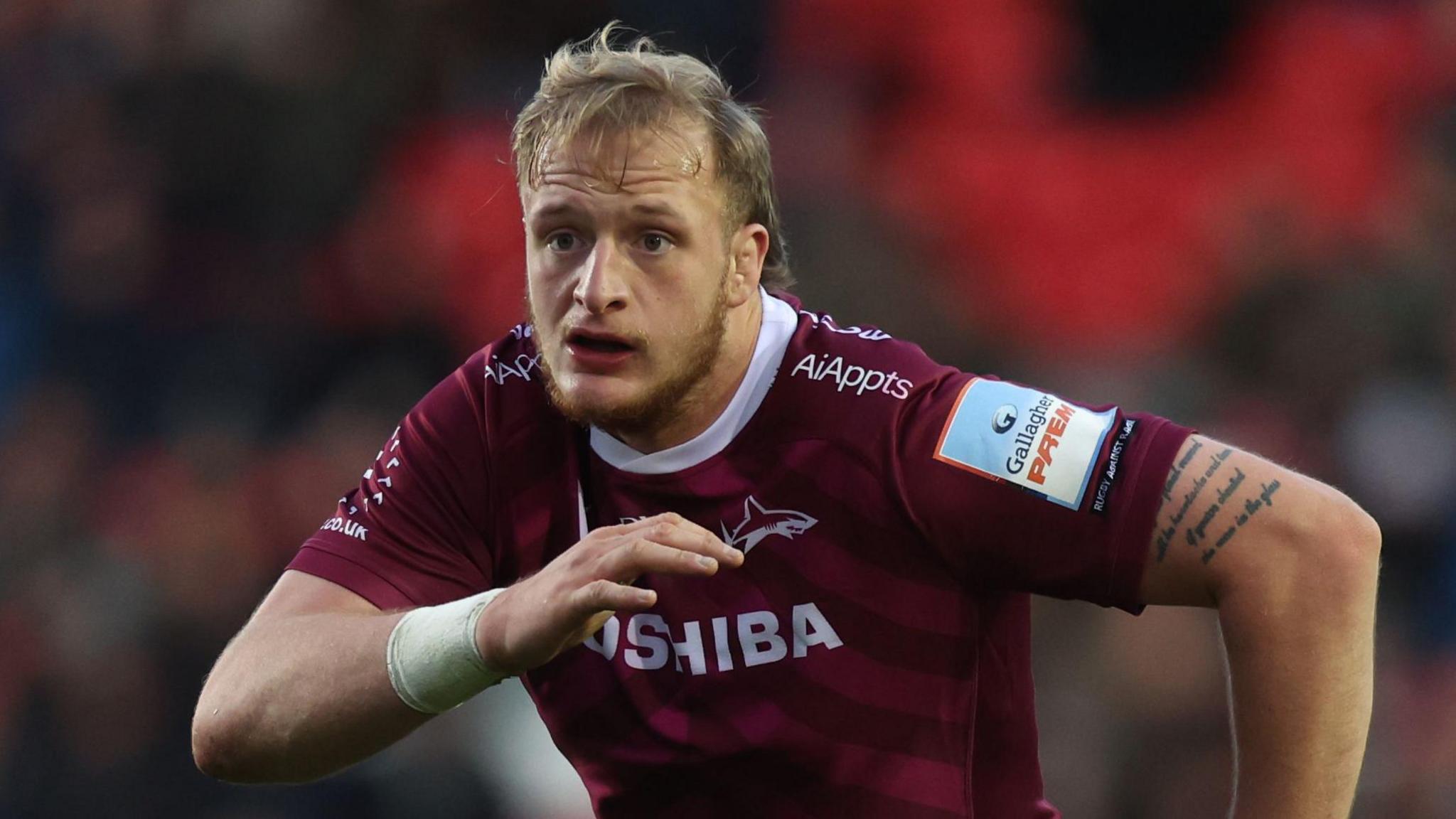 Ben Bamber, wearing the maroon away kit for Sale Sharks
