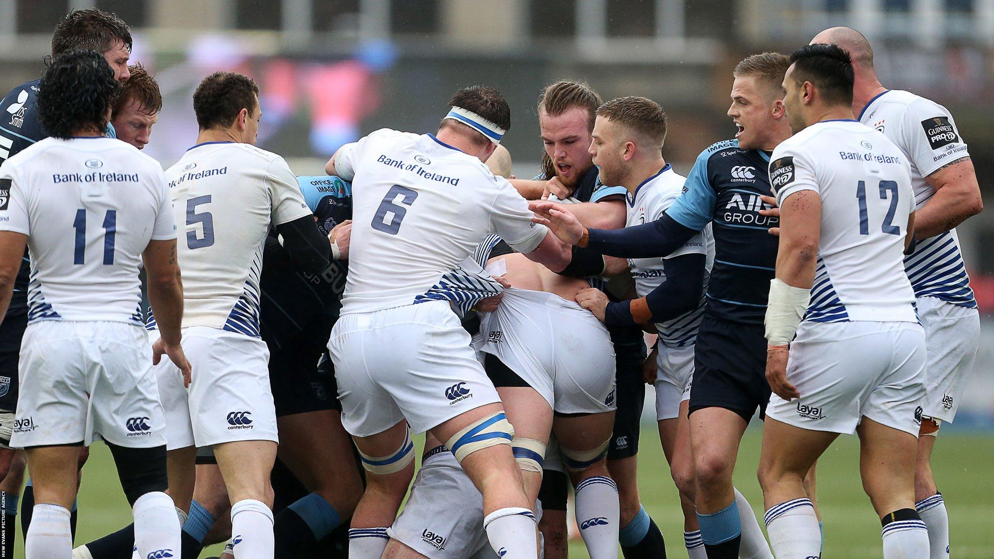 Cardiff Blues and Leinster scuffle during the Pro12 match at the Arms Park