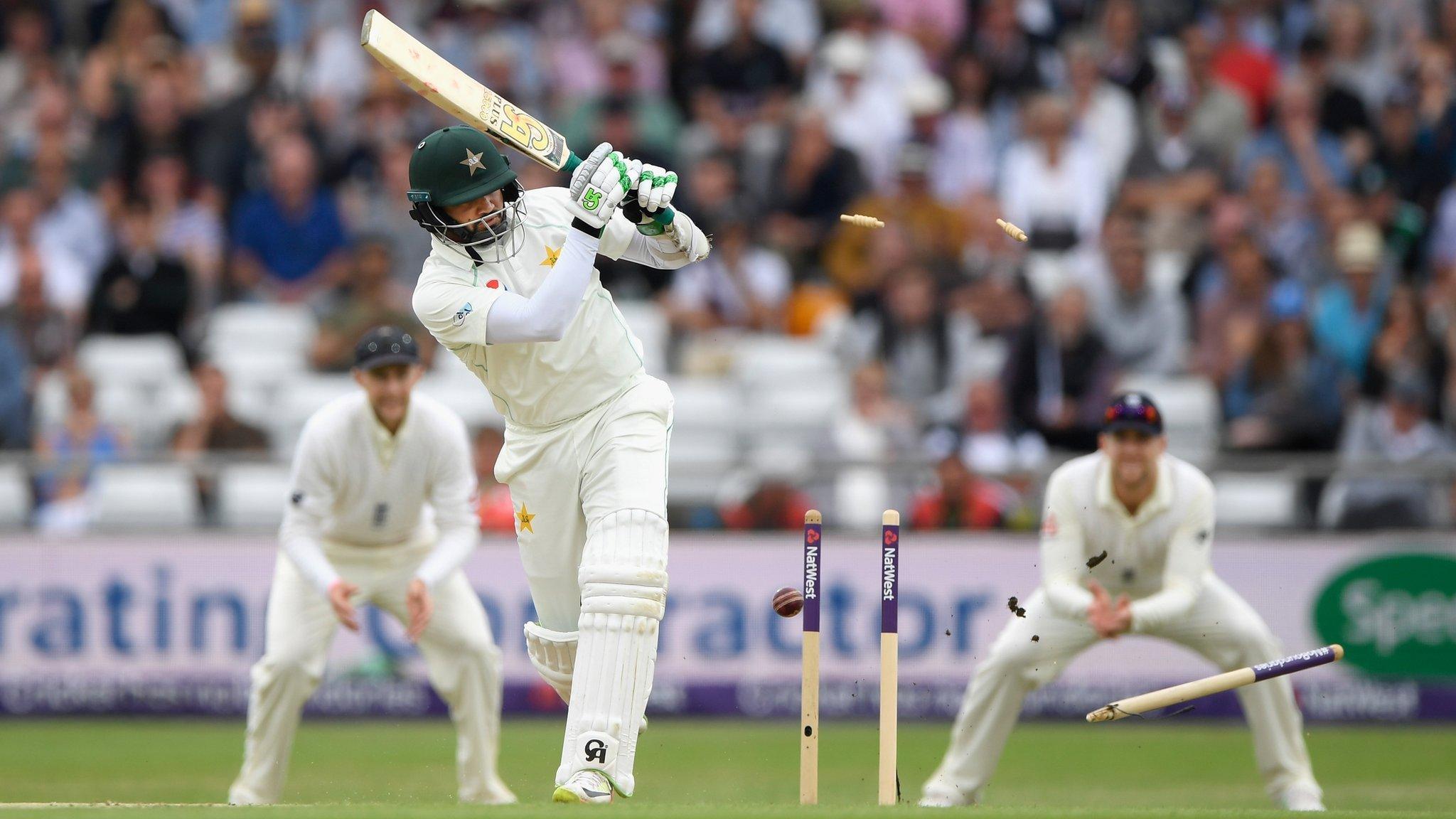 Azhar Ali is bowled by James Anderson