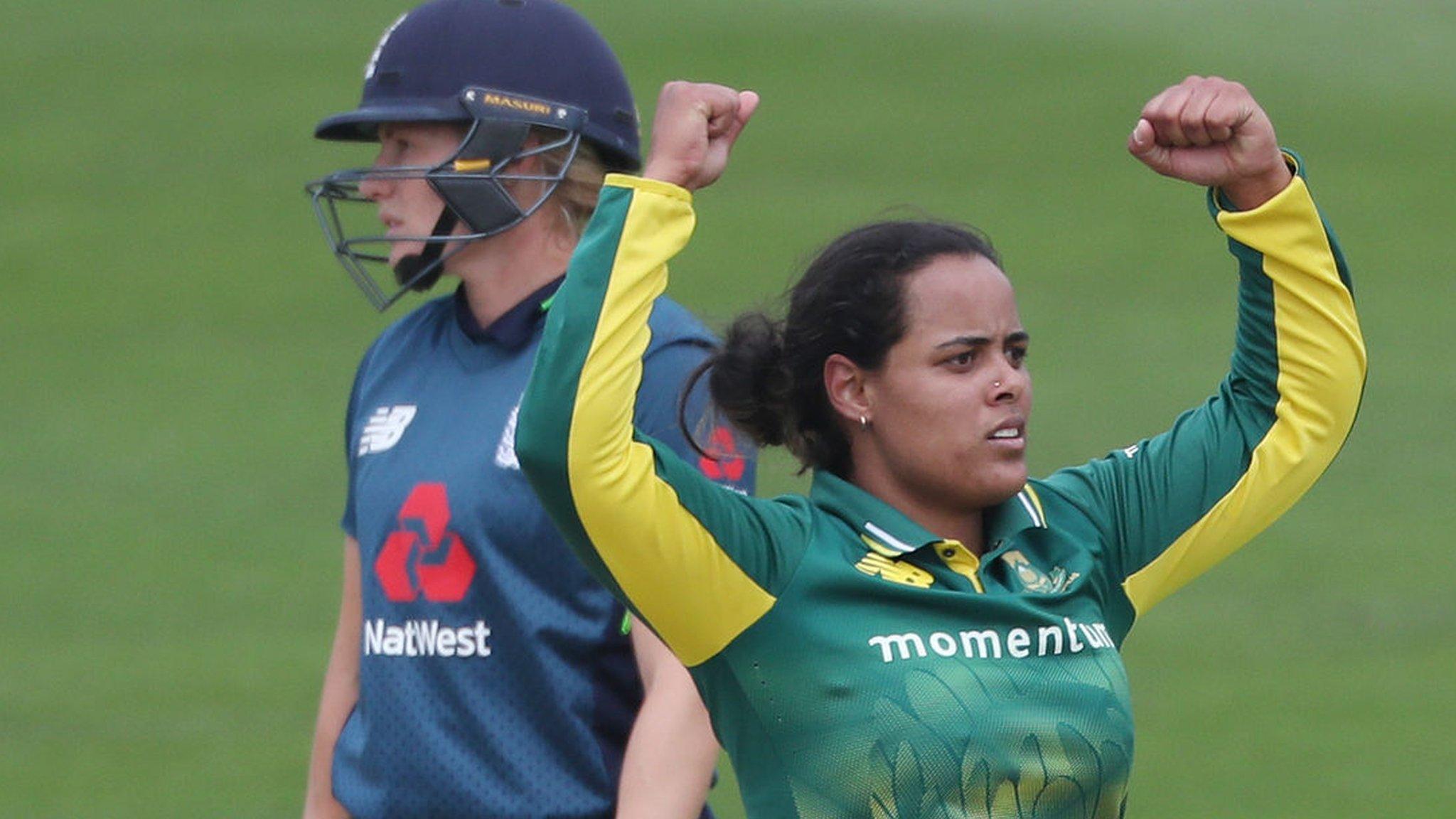 South Africa's Chloe Tyson celebrating taking the wicket of England's Jenny Gunn