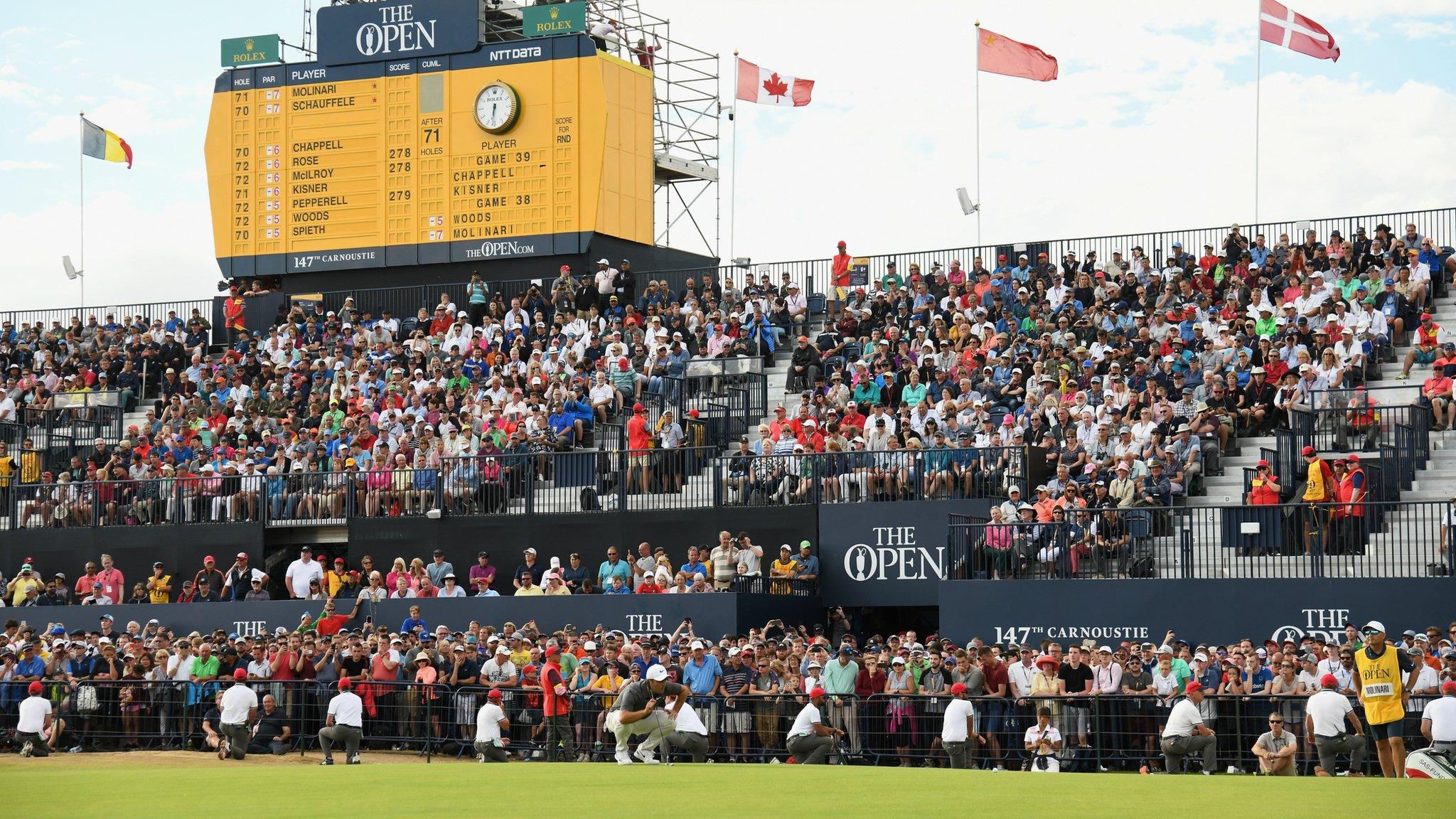 Francesco Molinari of Italy lines up a putt on the 18th green during the final round of the 147th Open Championship at Carnoustie