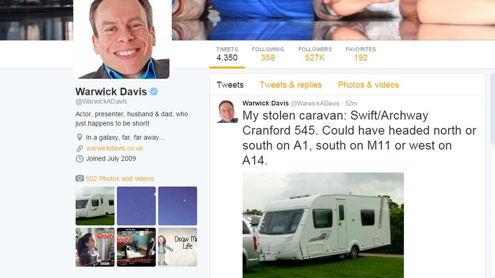 Warwick Davis: My stolen caravan: Swift/Archway Cranford 545. Could have headed north or south on A1, south on M11 or west on A14.