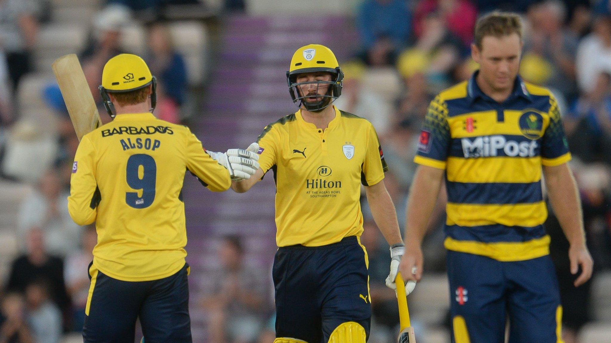 James Vince and Tom Alsop of Hampshire celebrate off the bowling of Colin Ingram of Glamorgan