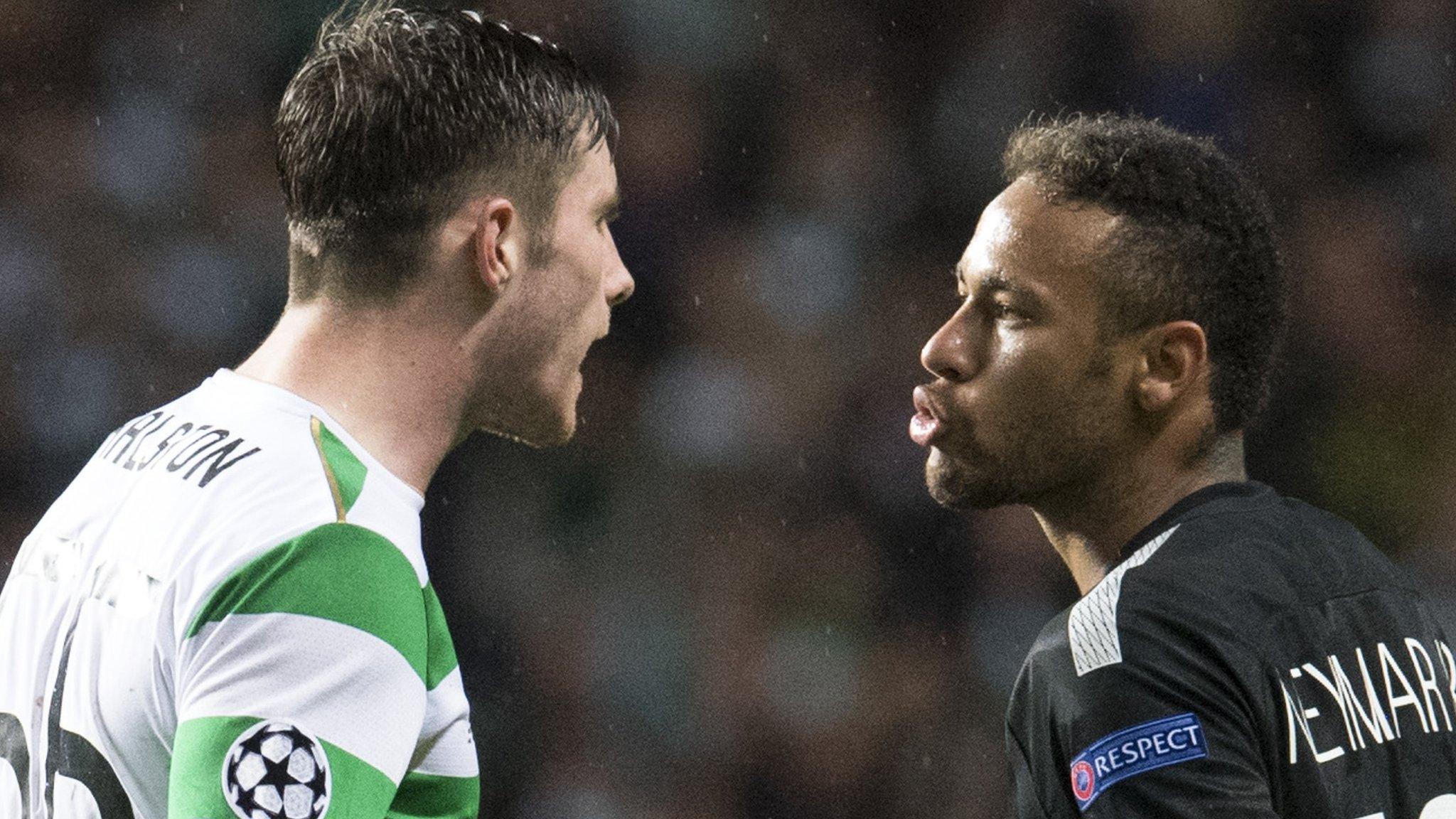 Celtic's Anthony Ralston and PSG's Neymar exchange words