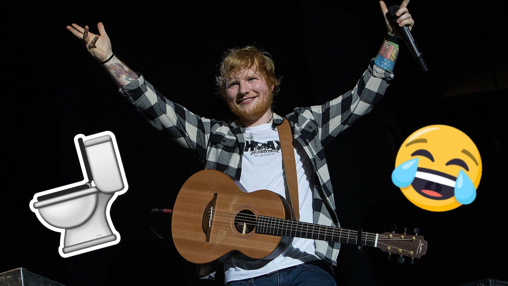 Ed Sheeran performing with toilet and crying laughing face emojis