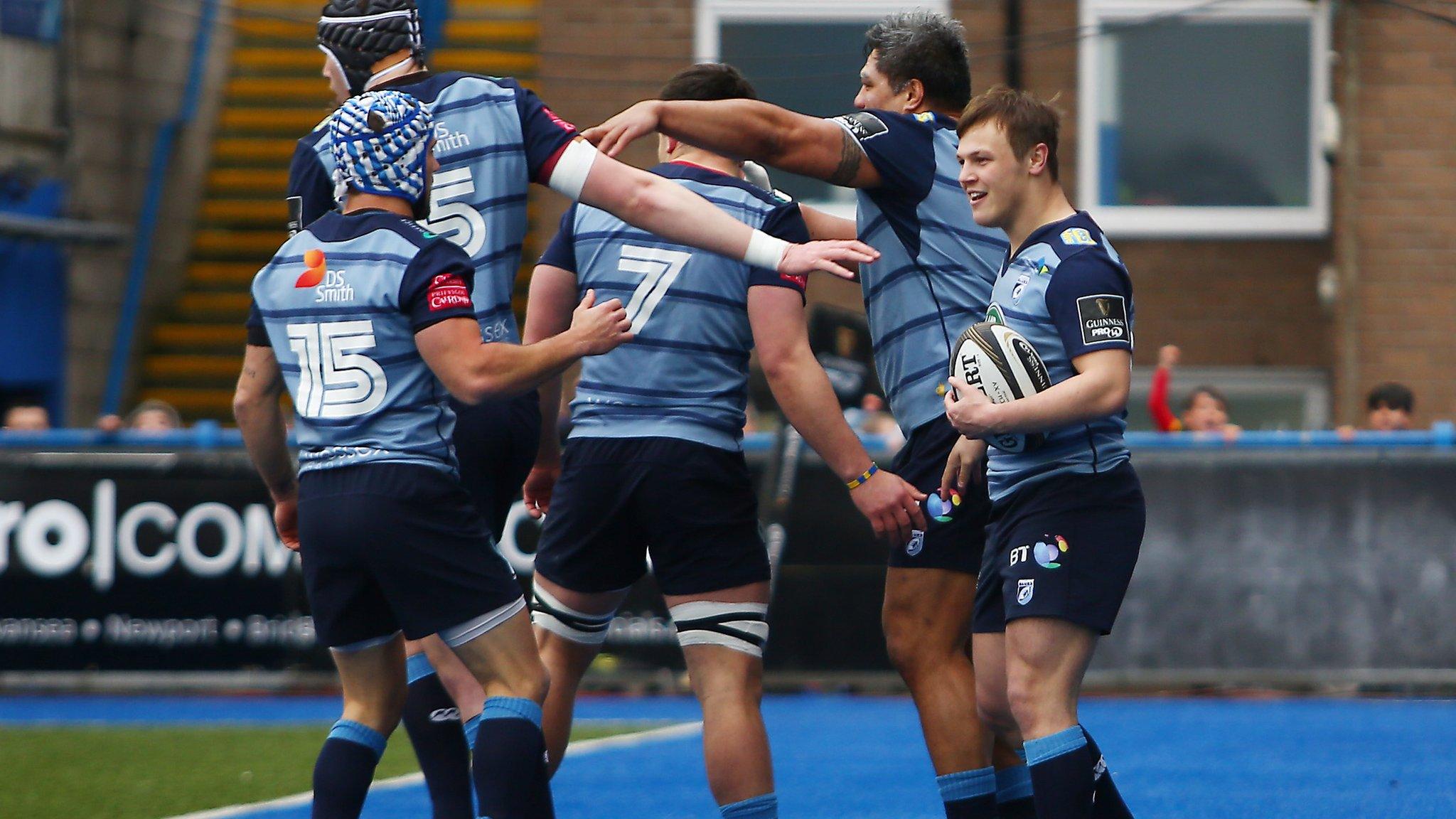 Cardiff Blues celebrate try