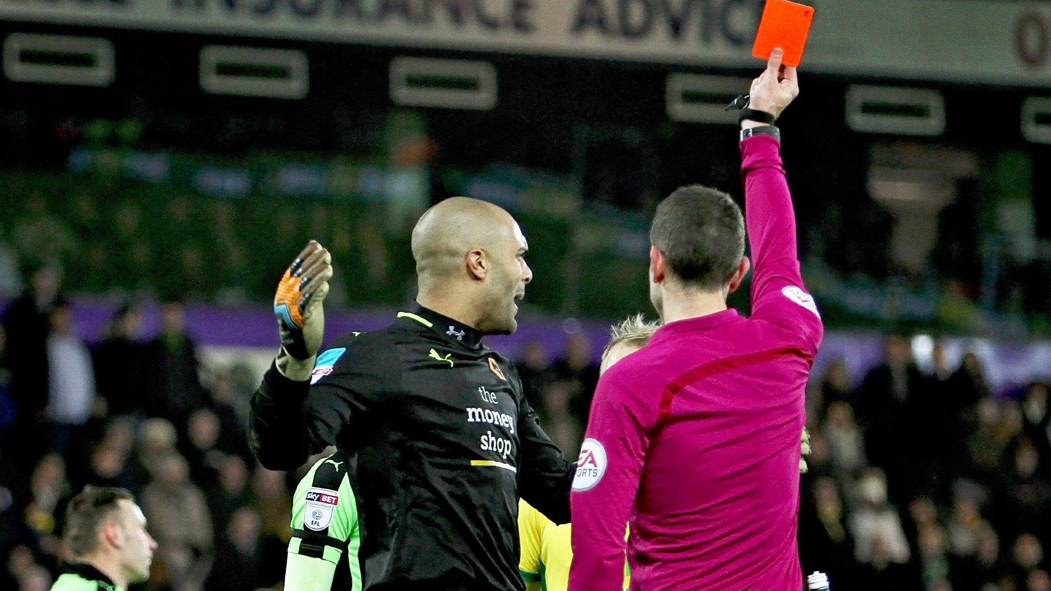 Carl Ikeme was shown his red card at Carrow Road by match referee David Coote