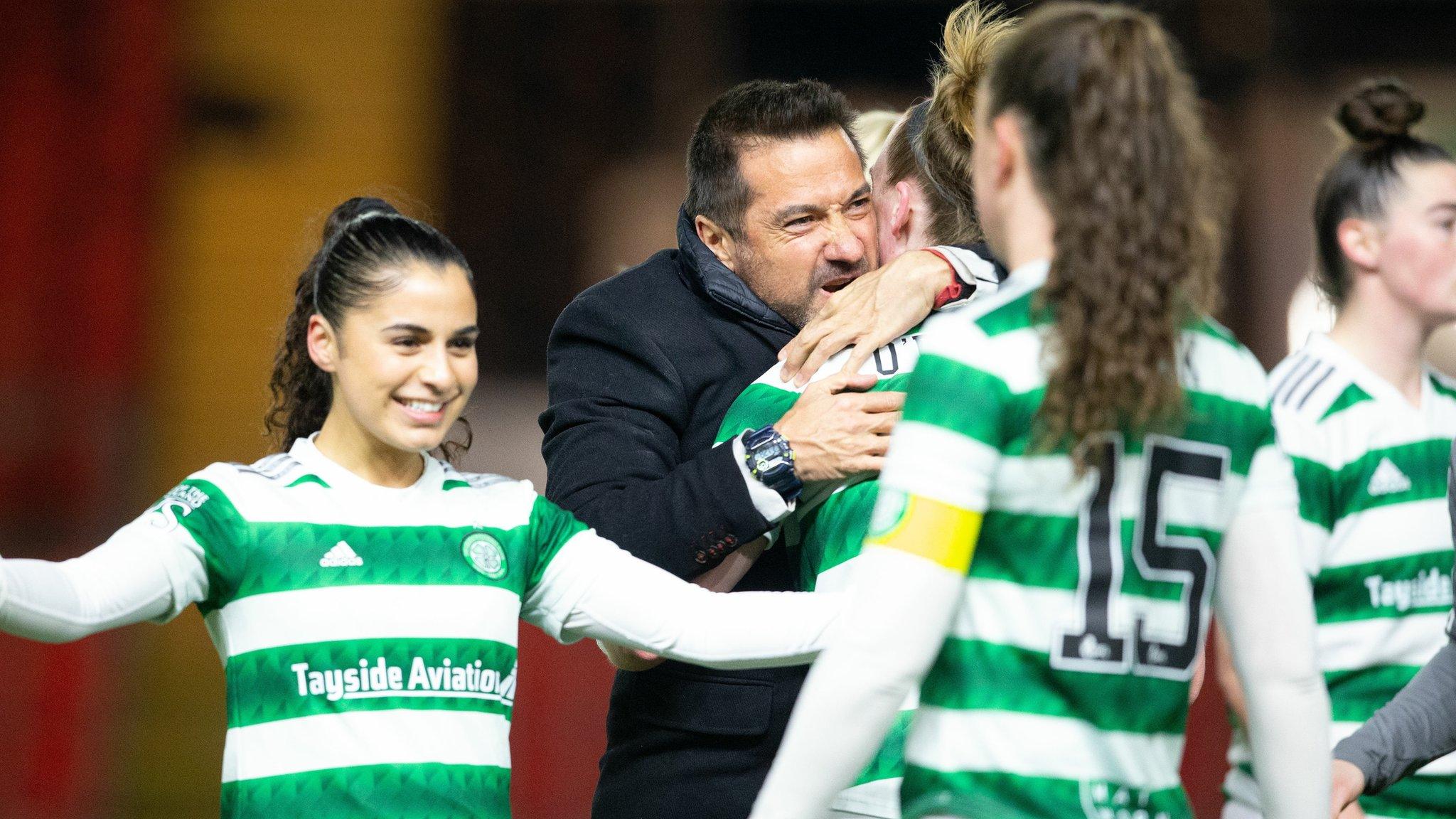 Celtic head coach Fran Alonso celebrates with his players at full-time