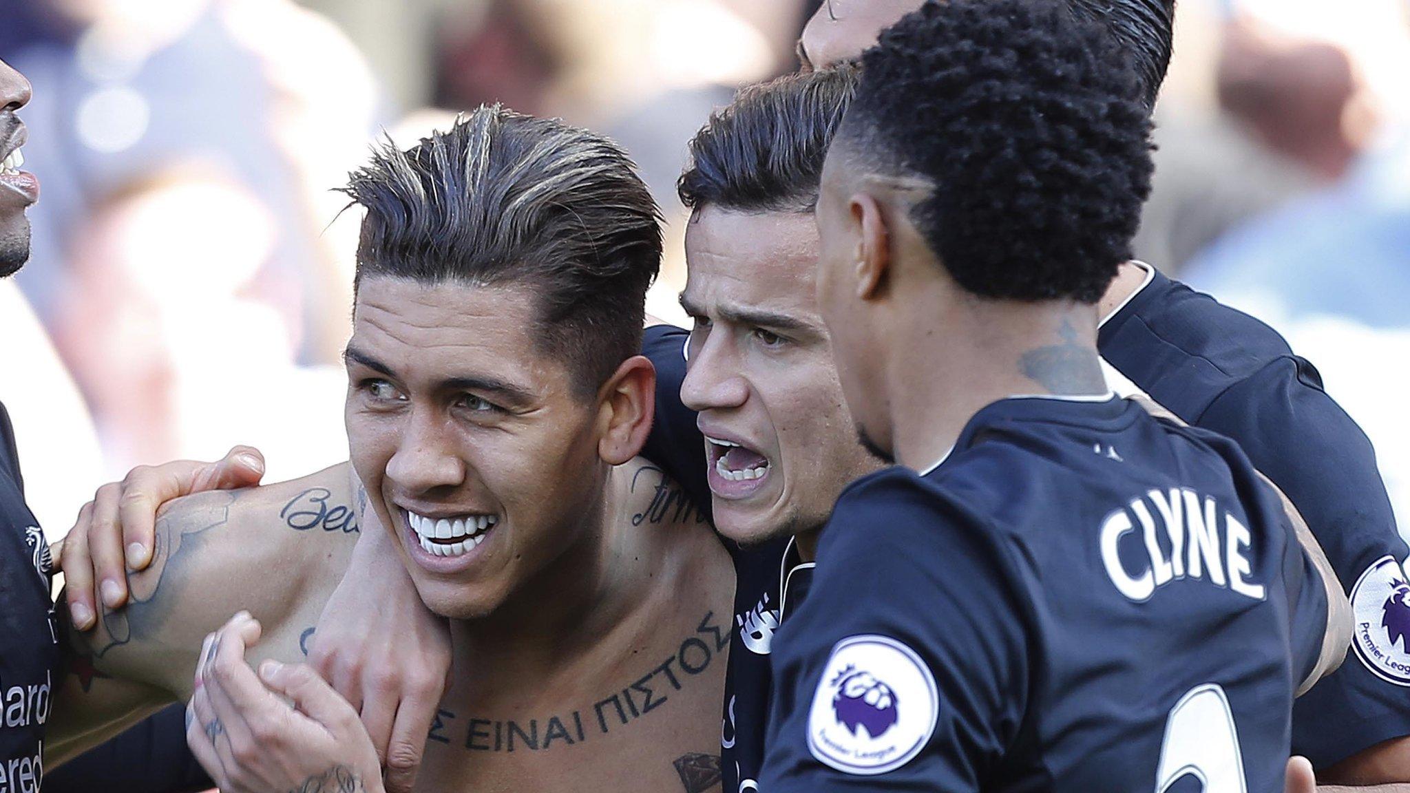 Liverpool forward Roberto Firmino celebrates scoring against Stoke