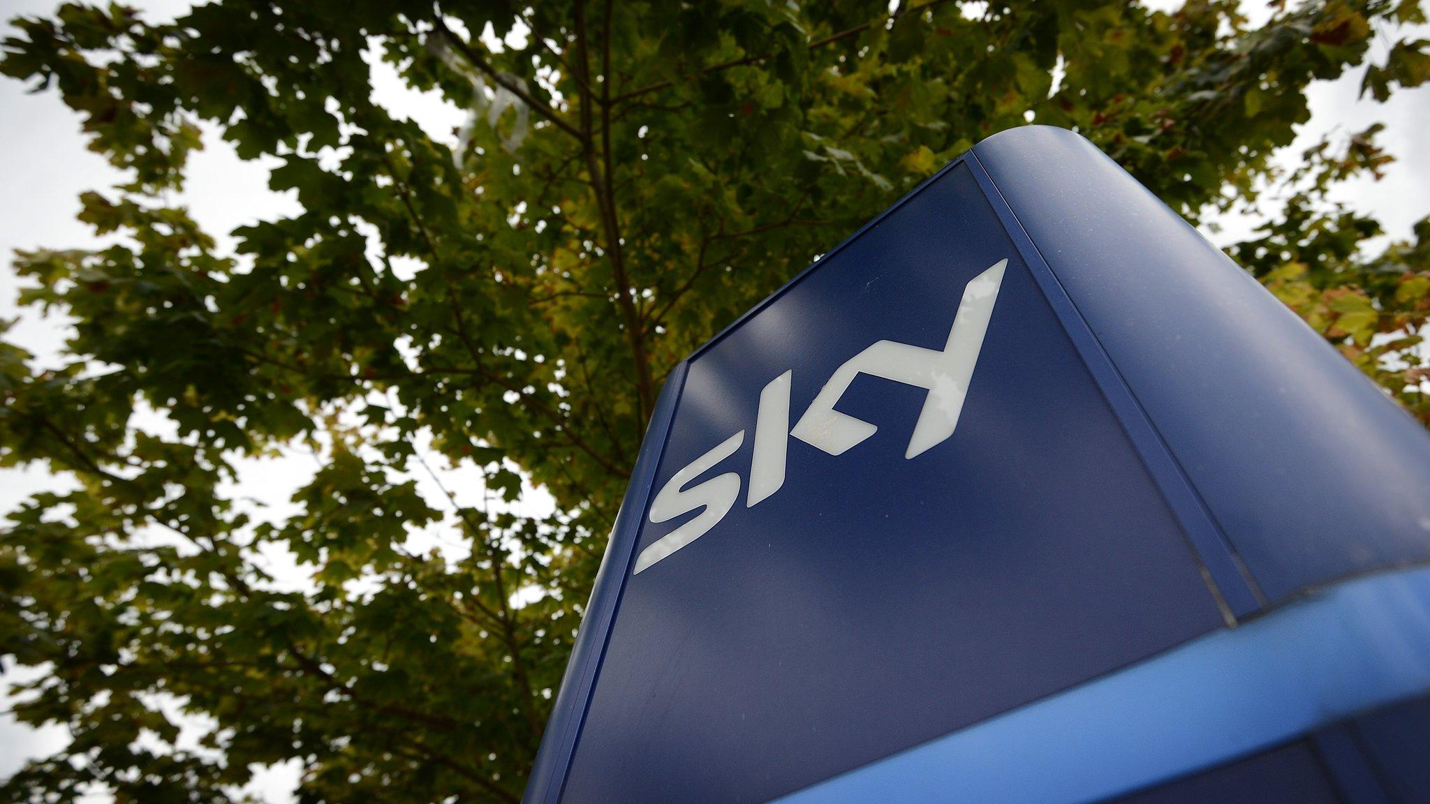 Close up of Sky logo on sign outside the London HQ