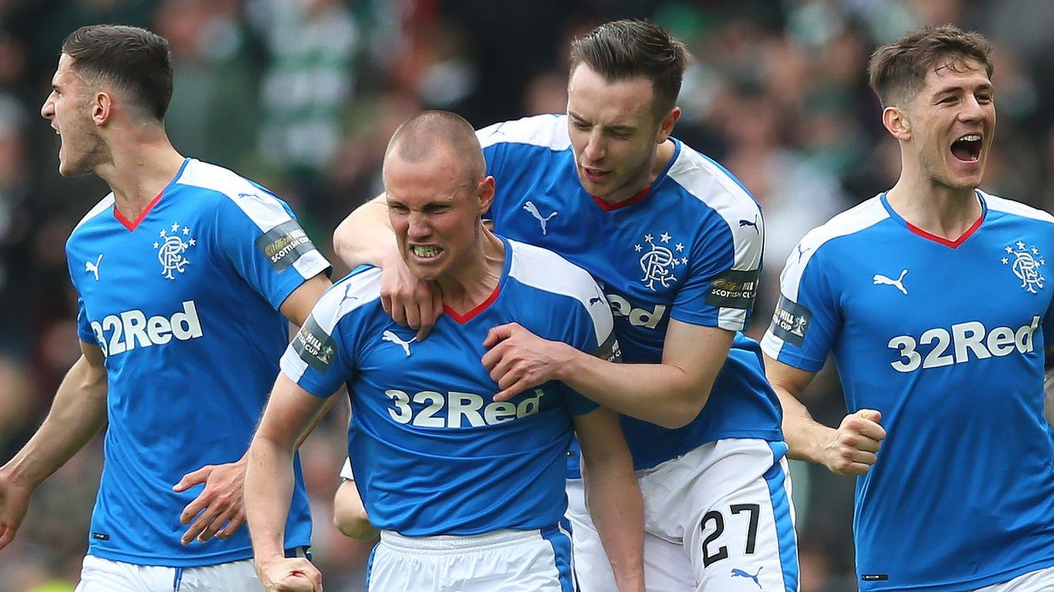 Rangers players celebrate their Scottish Cup semi-final penalty shoot-out victory