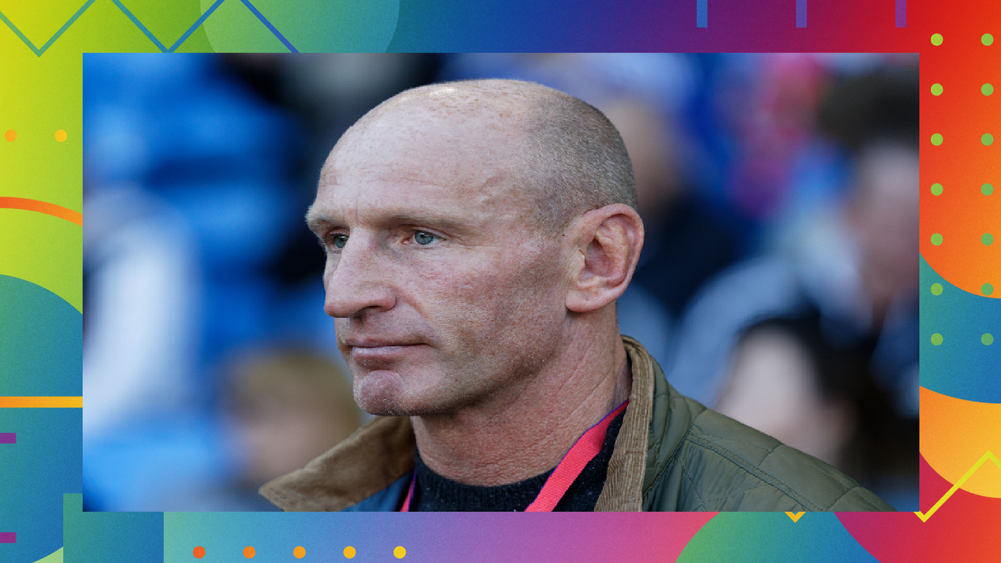 A photo of former British and Irish Lions rugby union captain Gareth Thomas on the BBC Sport LGBT+ History Month colourful and patterned background