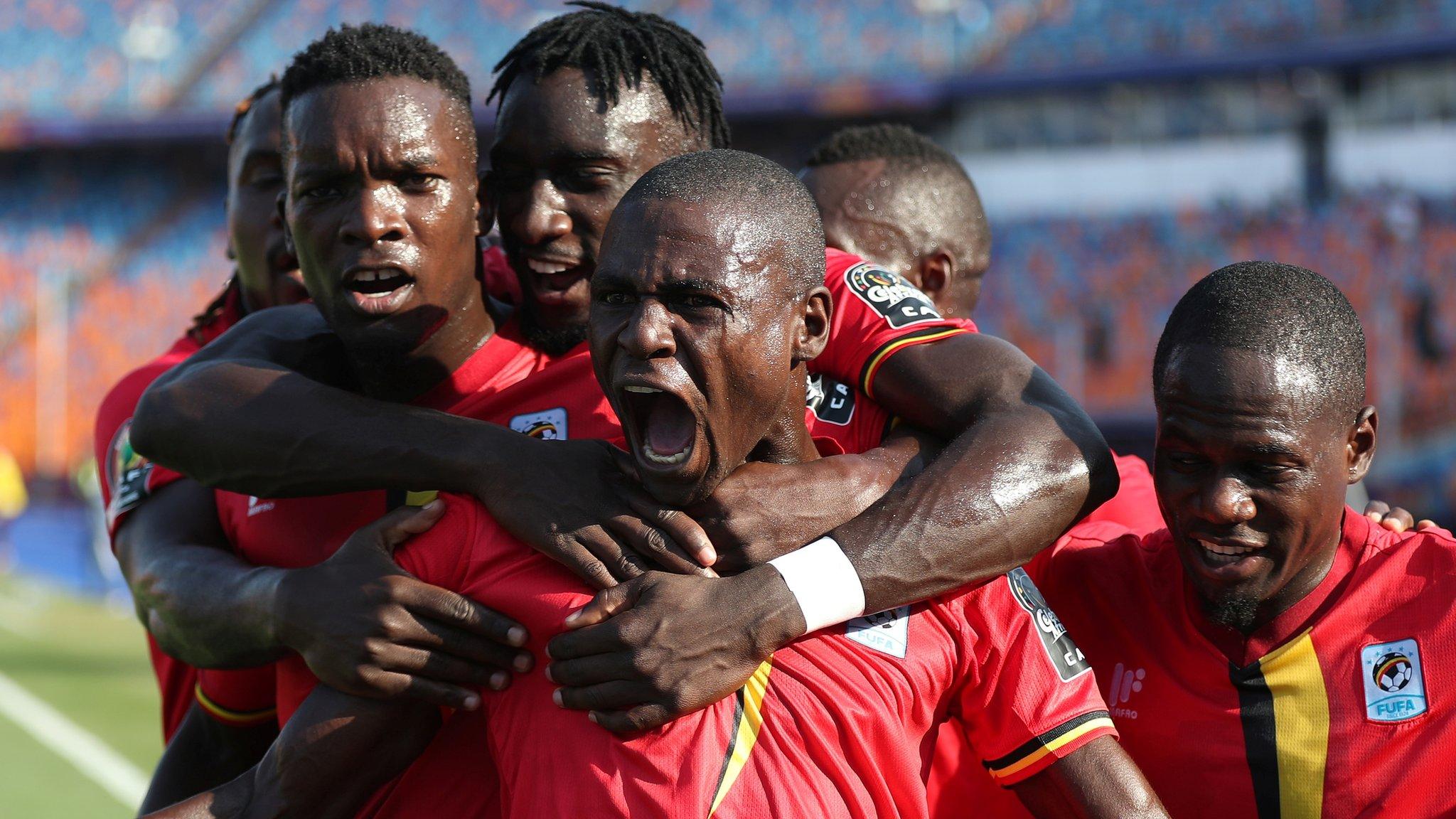 Patrick Kaddu celebrates scoring Uganda's opening goal of the 2019 Africa Cup of Nations